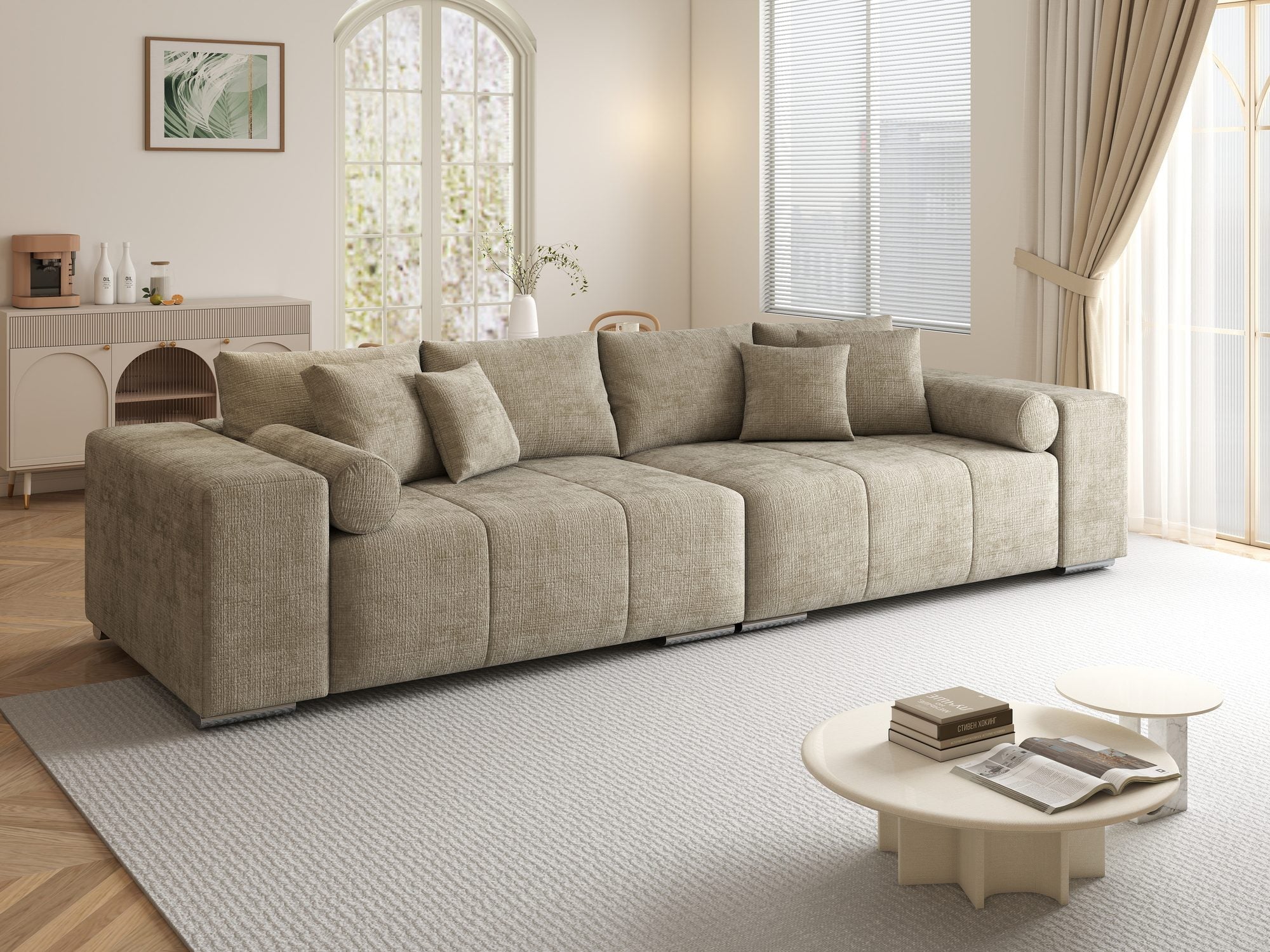 Canapea extensibilă dumonde cu ladă de depozitare si sezut confortabil din spuma high-density, Marbela XXL Cremona Bej 14 290x100 cm