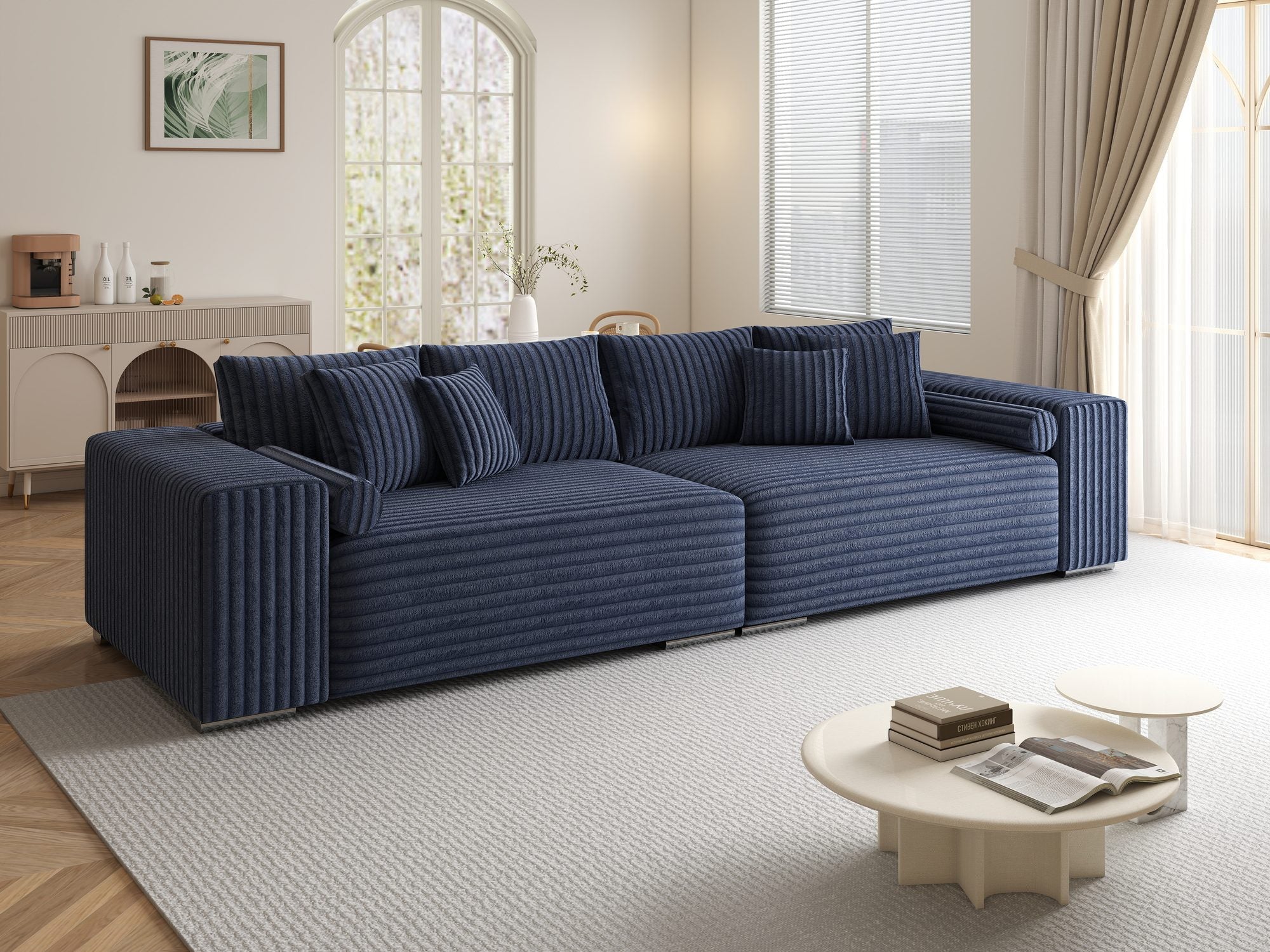 Canapea extensibilă dumonde cu ladă de depozitare si sezut confortabil din spuma high-density, Marbela XXL Tilia Albastru 77 290x100 cm