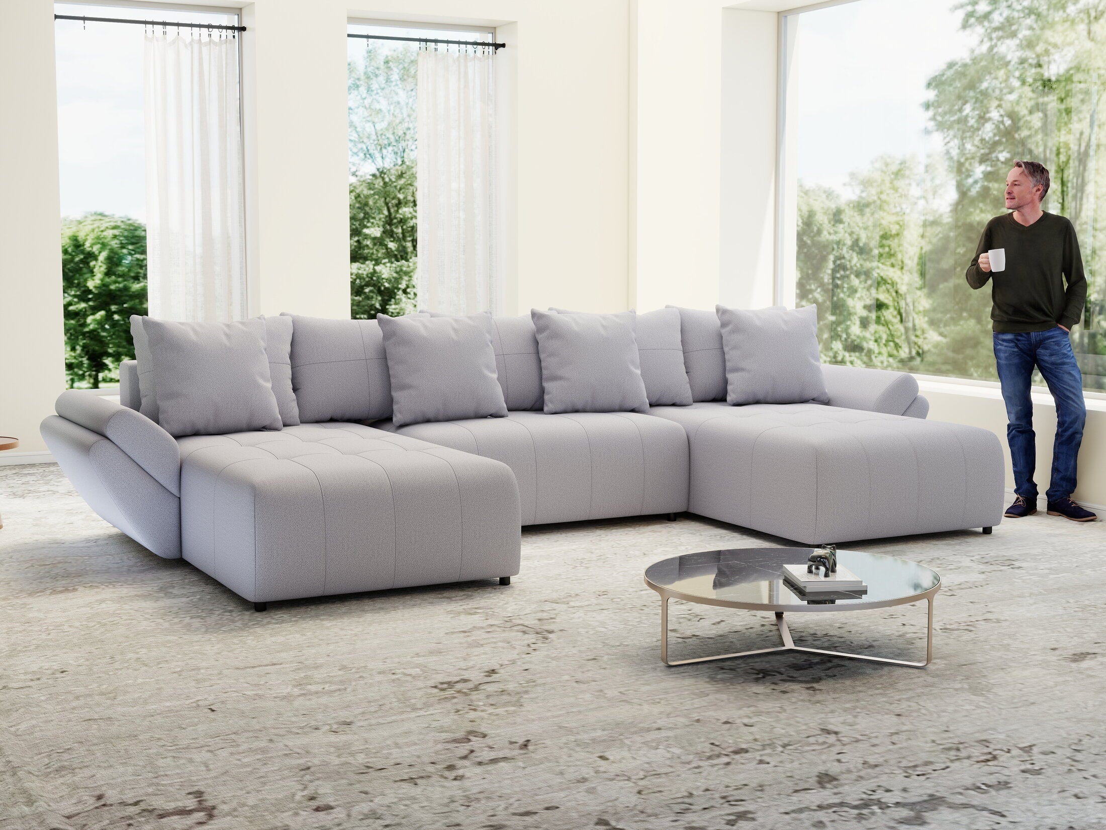 Colțar extensibil dumonde cu ladă de depozitare si sezut confortabil din spuma high-density, Berlin U Enjoy Gri 400x185 cm