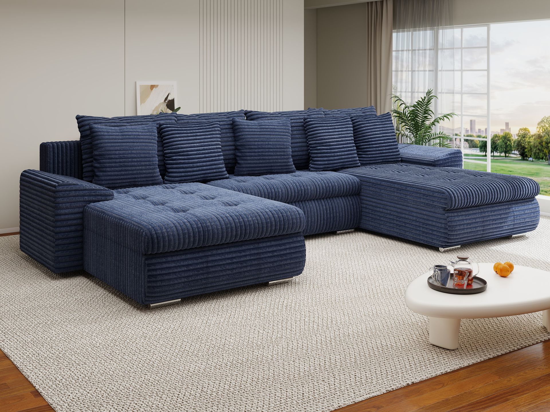 Colțar extensibil dumonde cu ladă de depozitare si sezut confortabil din spuma high-density, Leonardo U Tilia Albastru 77 360x185 cm