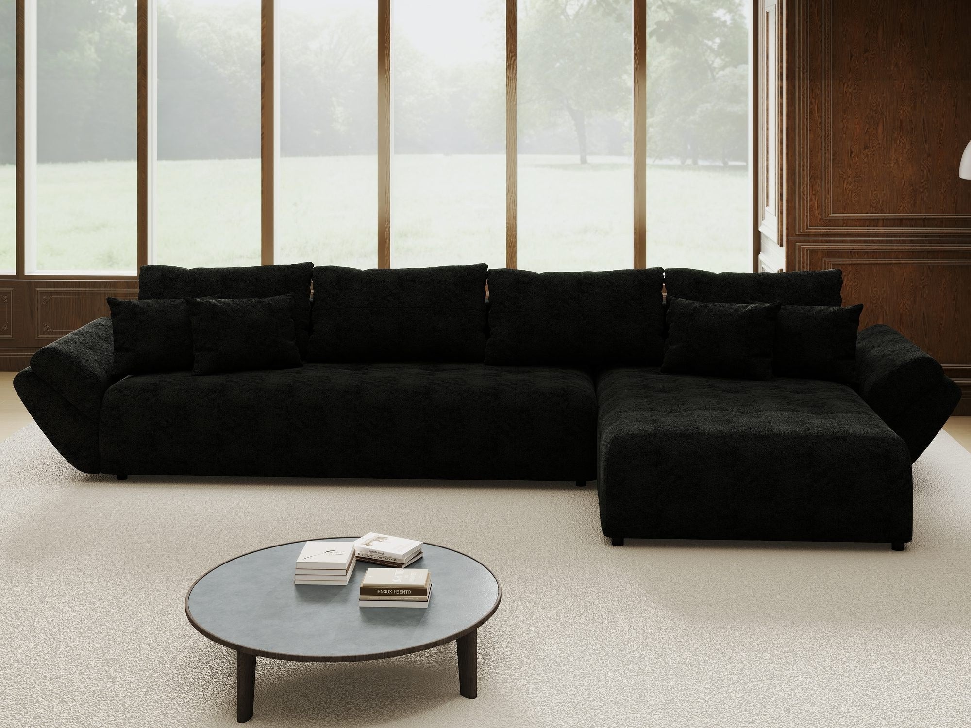 Colțar extensibil dumonde cu ladă de depozitare si sezut confortabil din spuma high-density, Berlin XL Quelle Negru 100 II 350x185 cm