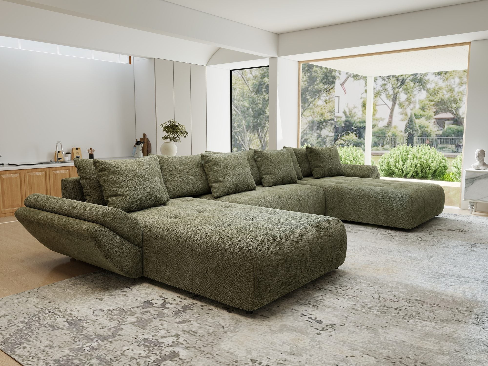 Colțar extensibil dumonde cu ladă de depozitare si sezut confortabil din spuma high-density, Berlin U Vibe Olive 38 380x180 cm