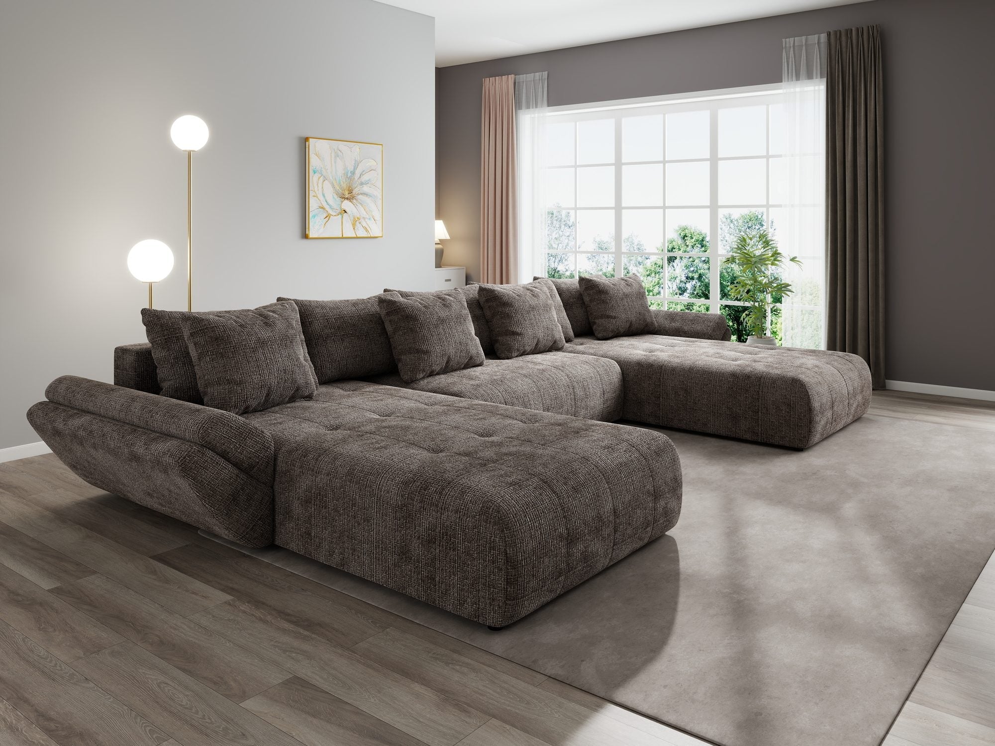 Colțar extensibil dumonde cu ladă de depozitare si sezut confortabil din spuma high-density, Berlin U Cremona Maro-bej 24 380x180 cm