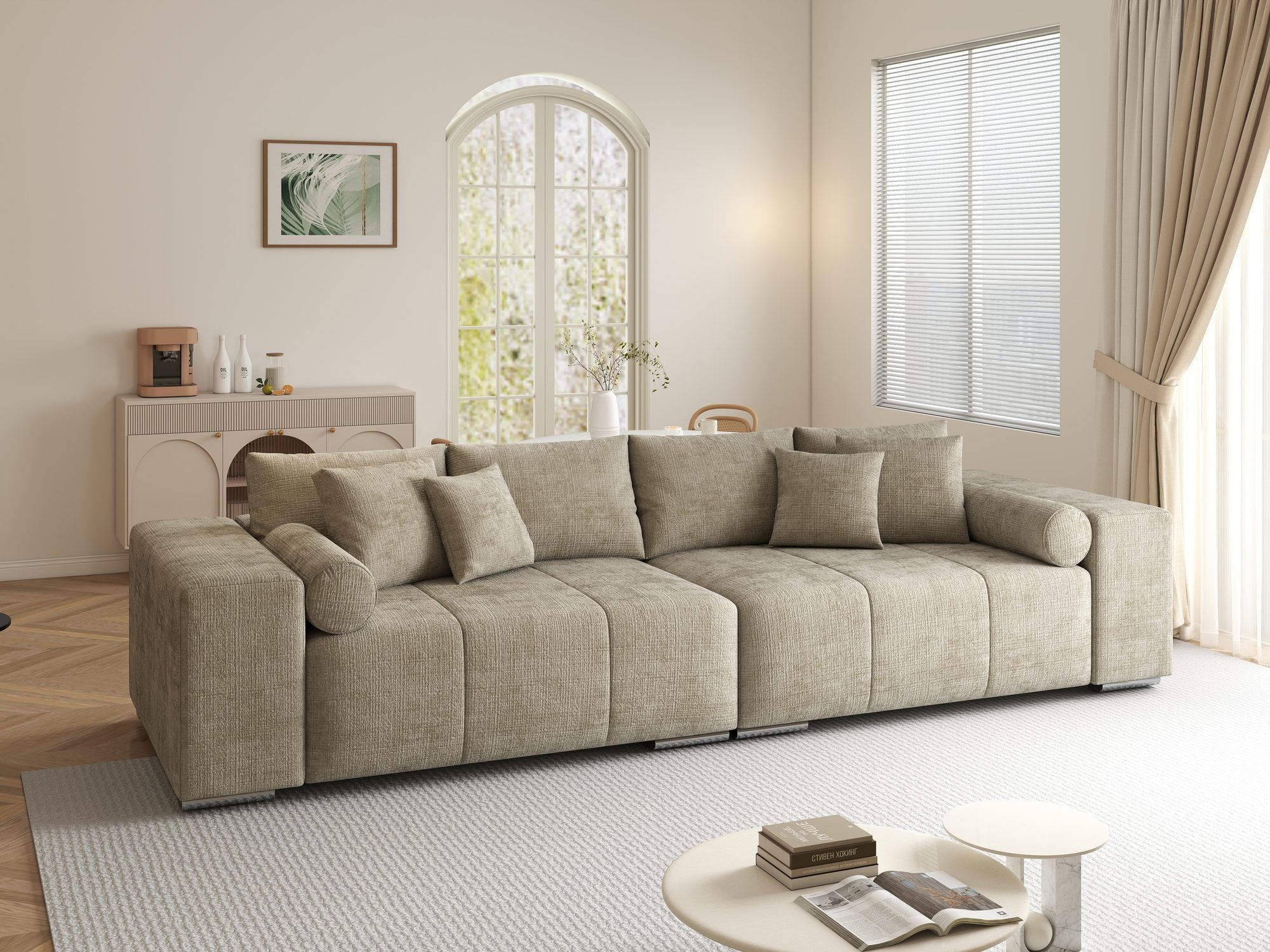 Canapea extensibilă dumonde cu ladă de depozitare si sezut confortabil din spuma high-density, Marbela XXL Cremona Bej 14 290x100 cm