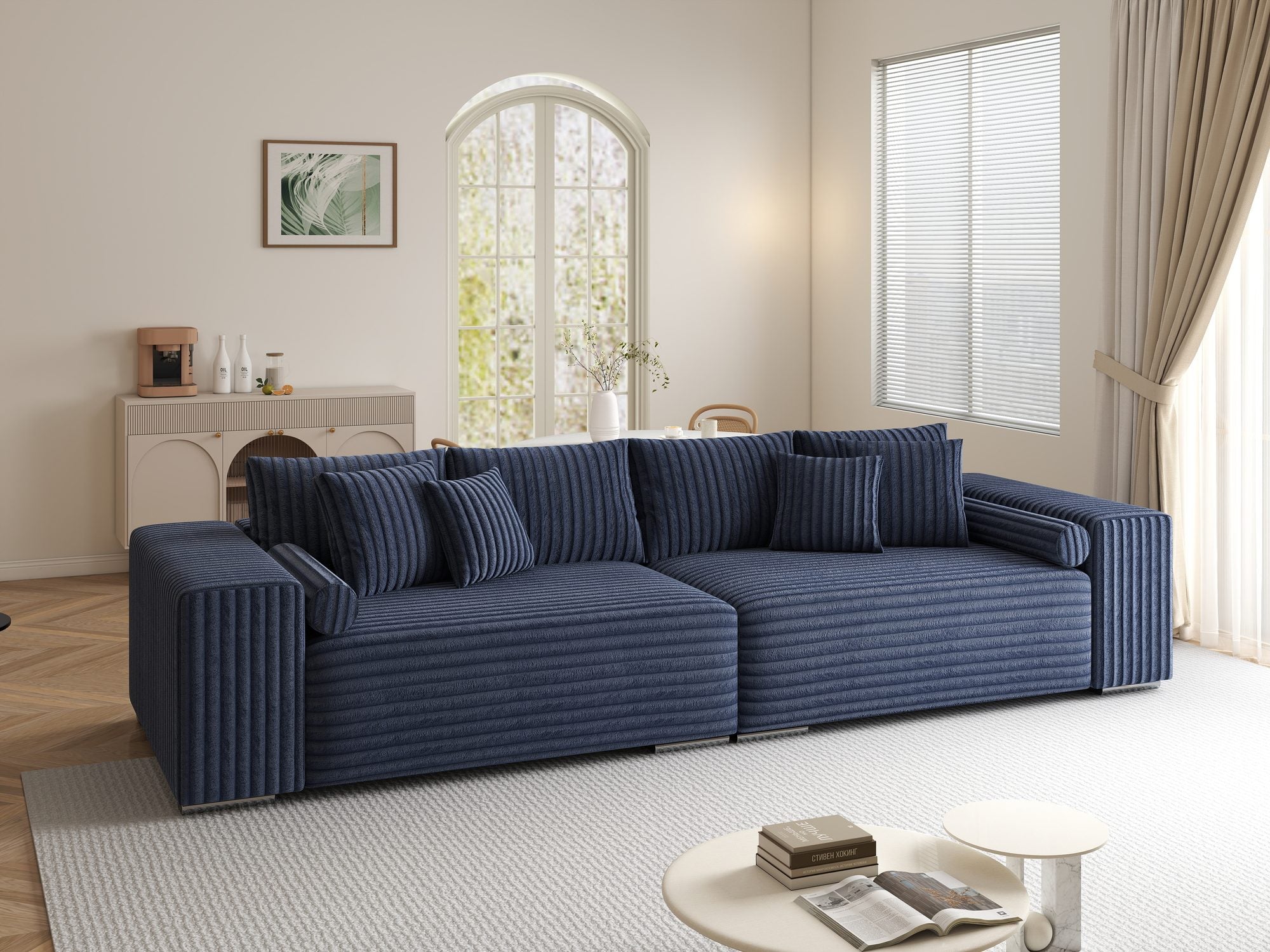 Canapea extensibilă dumonde cu ladă de depozitare si sezut confortabil din spuma high-density, Marbela XXL Tilia Albastru 77 290x100 cm