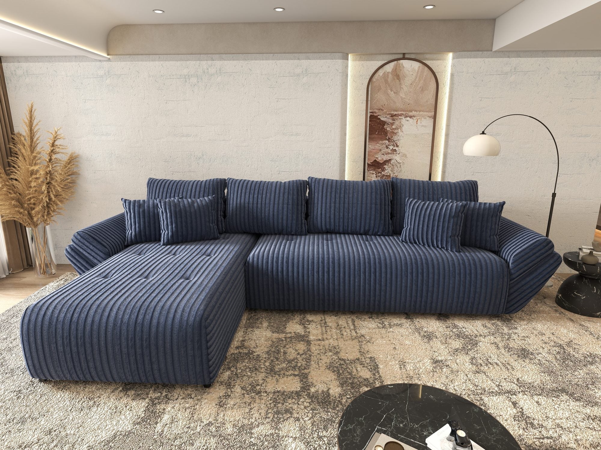 Colțar extensibil dumonde cu ladă de depozitare si sezut confortabil din spuma high-density, Berlin XL Tilia Albastru 77 350x185 cm
