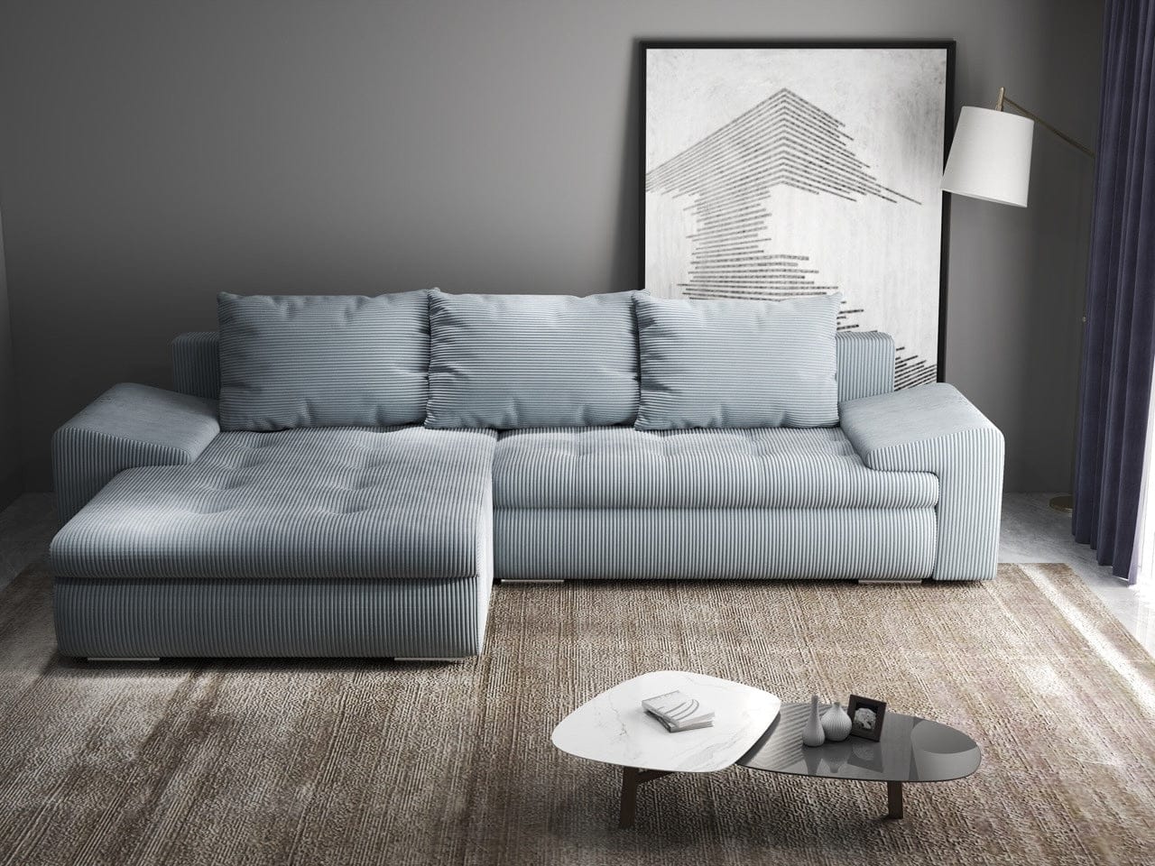 Colțar extensibil dumonde cu ladă de depozitare si sezut confortabil din spuma HR, Leonardo Zoom Grey 260x185 cm Fabrica