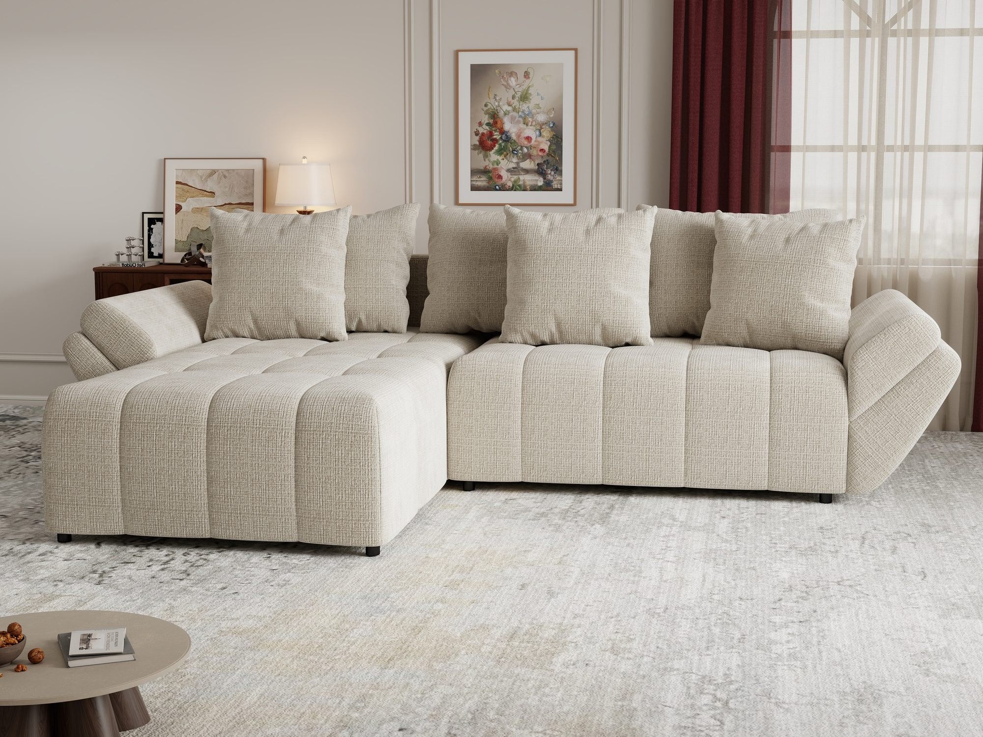 Colțar extensibil dumonde cu ladă de depozitare si sezut confortabil din spuma high-density, Berlin Cremona Gri Deschis 02 280x185 cm