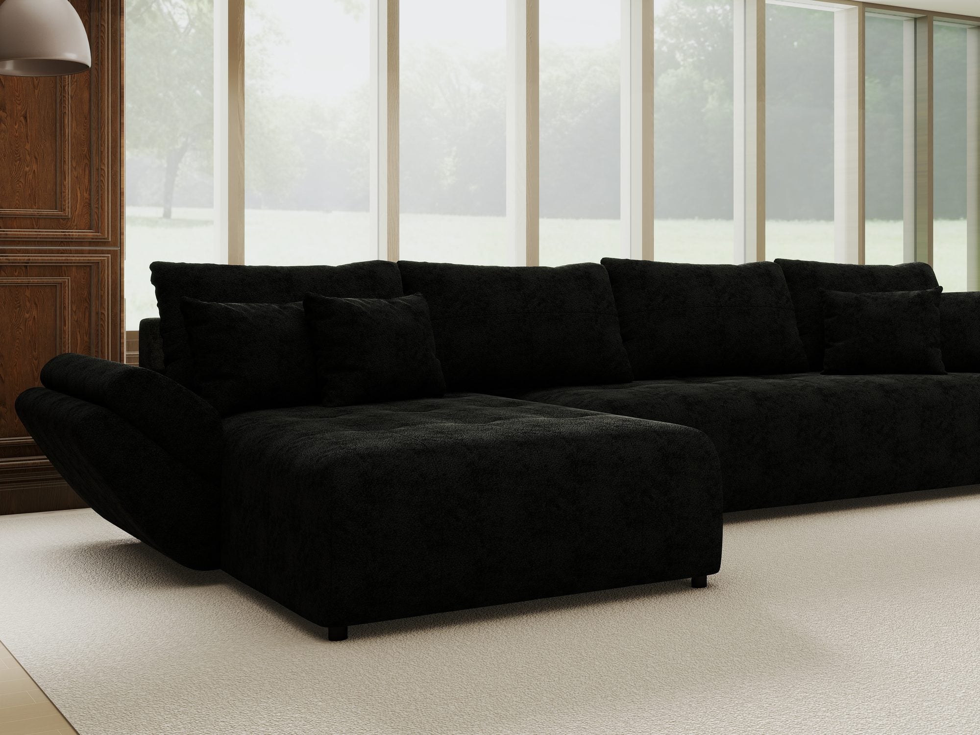 Colțar extensibil dumonde cu ladă de depozitare si sezut confortabil din spuma high-density, Berlin XL Quelle Negru 100 350x185 cm