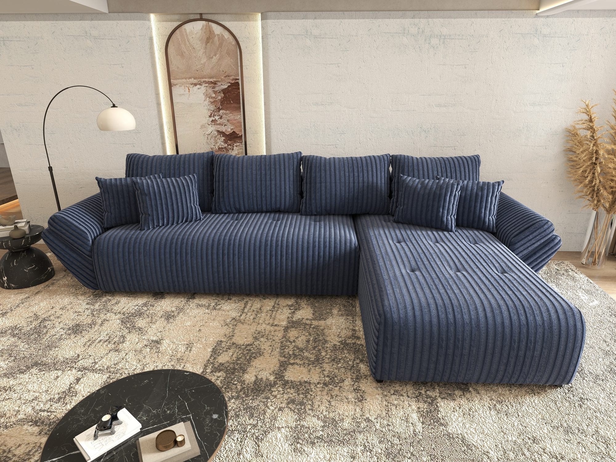 Colțar extensibil dumonde cu ladă de depozitare si sezut confortabil din spuma high-density, Berlin XL Tilia Albastru 77 II 350x185 cm