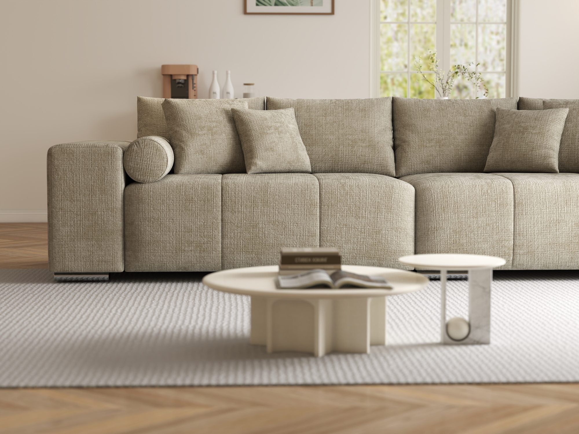 Canapea extensibilă dumonde cu ladă de depozitare si sezut confortabil din spuma high-density, Marbela XXL Cremona Bej 14 290x100 cm