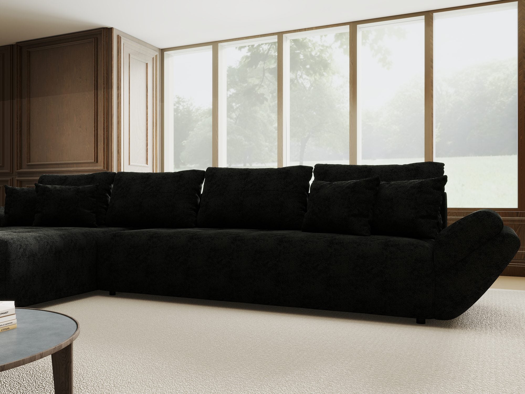 Colțar extensibil dumonde cu ladă de depozitare si sezut confortabil din spuma high-density, Berlin XL Quelle Negru 100 350x185 cm