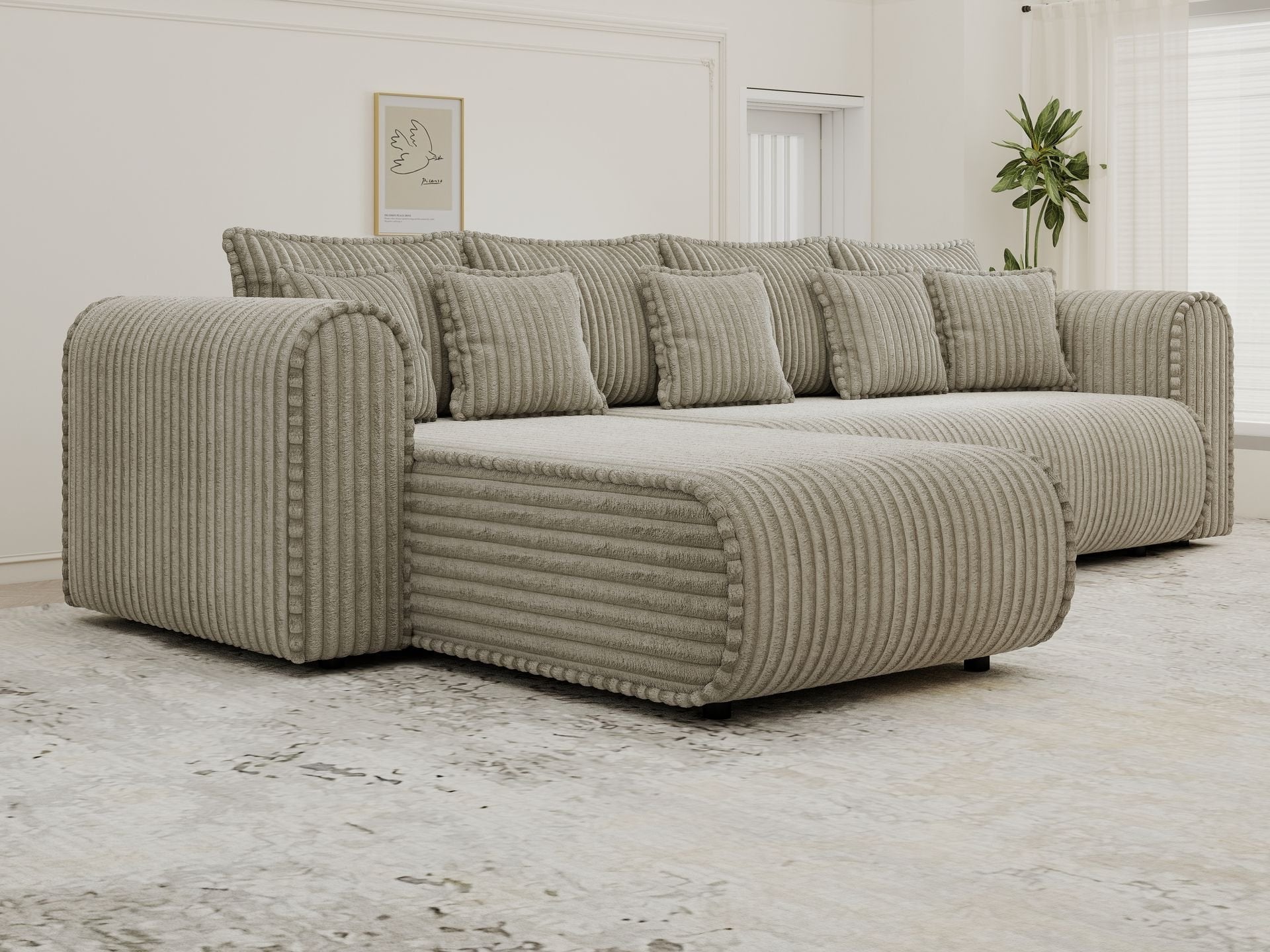 Colțar extensibil dumonde cu ladă de depozitare si sezut confortabil din spuma high-density, Monaco XL Tilia Capucino 340x185 cm