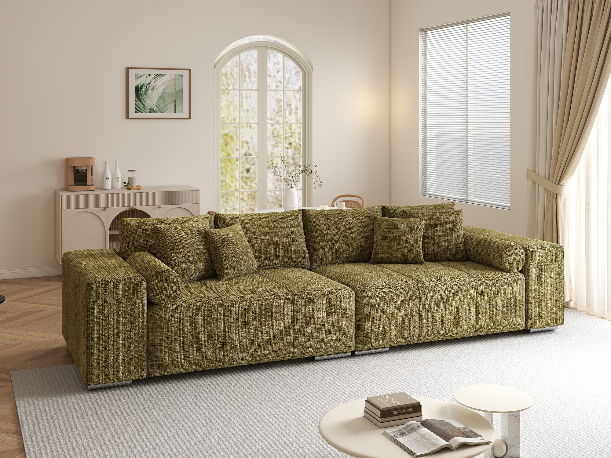 Canapea extensibilă dumonde cu ladă de depozitare si sezut confortabil din spuma high-density, Marbela XXL Cremona Olive 38 290x100 cm