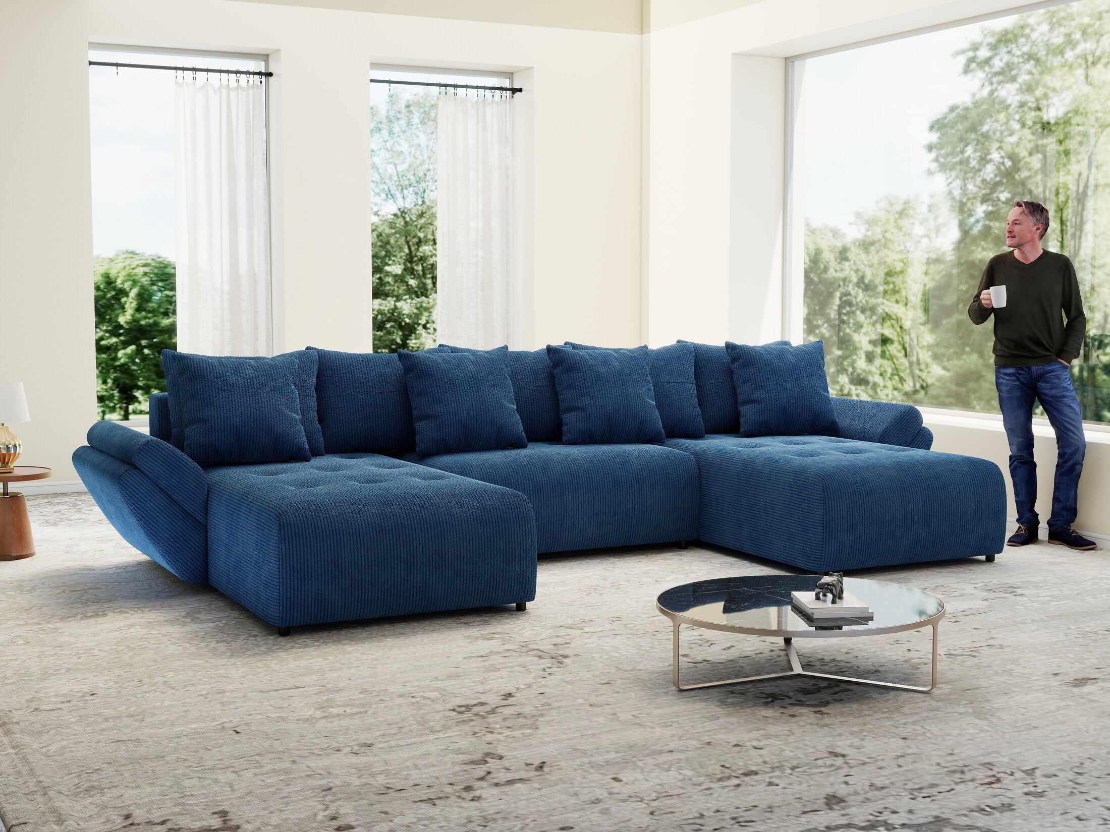 Colțar extensibil dumonde cu ladă de depozitare si sezut confortabil din spuma high-density, Berlin U Zoom Blue 400x185 cm