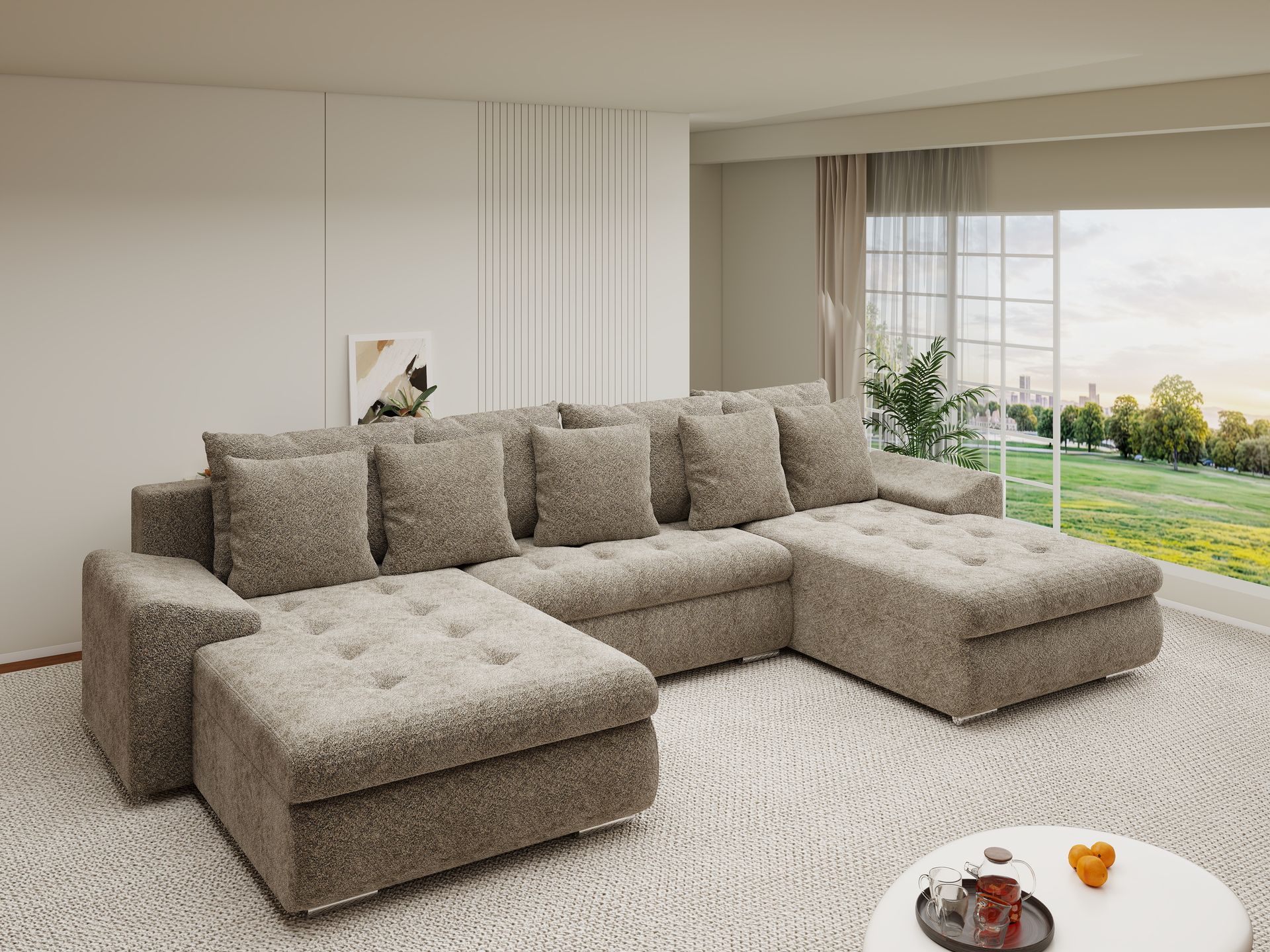 Colțar extensibil dumonde cu ladă de depozitare si sezut confortabil din spuma high-density, Leonardo U Arena Bej 04 360x185 cm