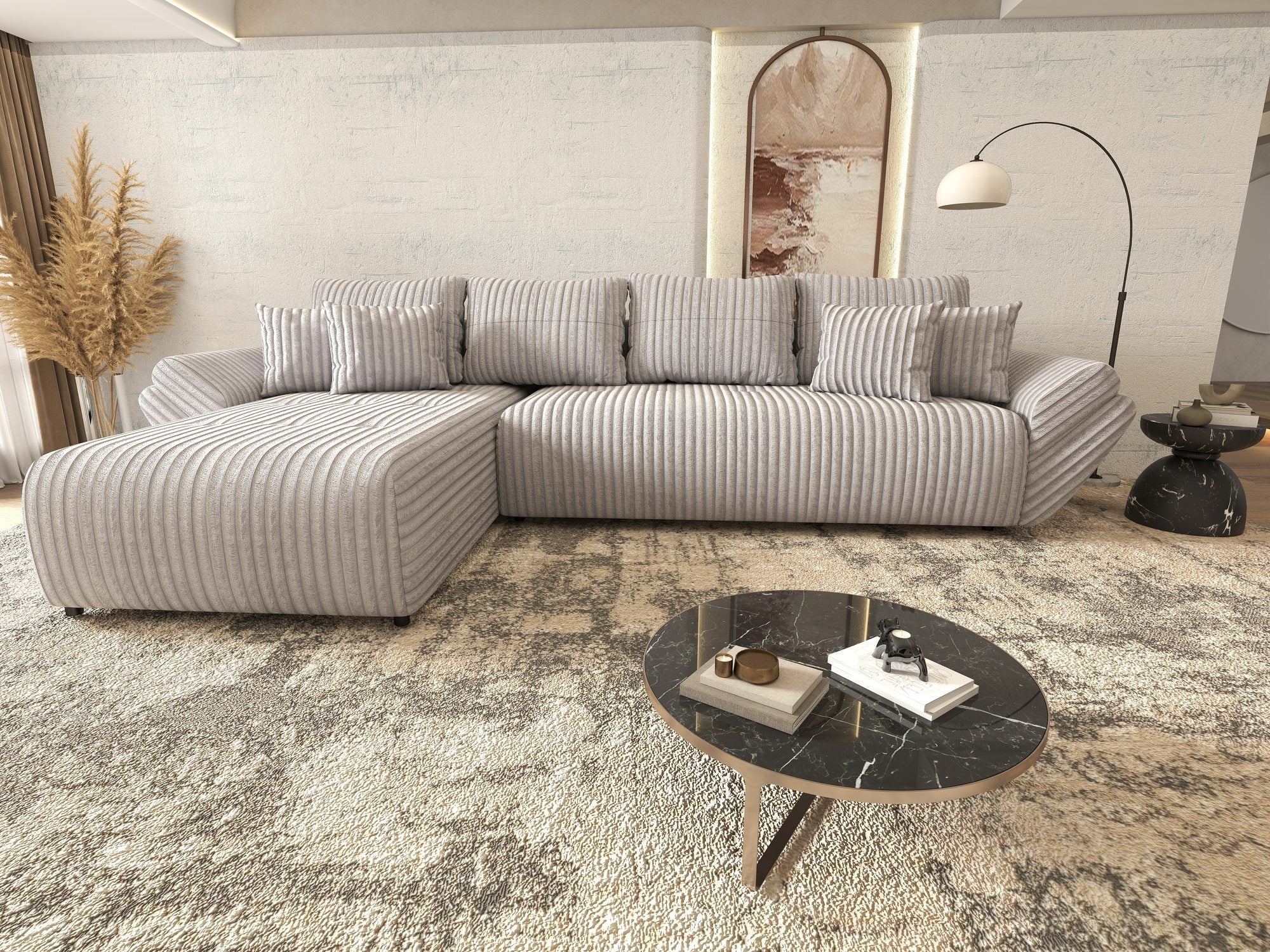 Colțar extensibil dumonde cu ladă de depozitare si sezut confortabil din spuma high-density, Berlin XL Tilia Gri 86 350x185 cm
