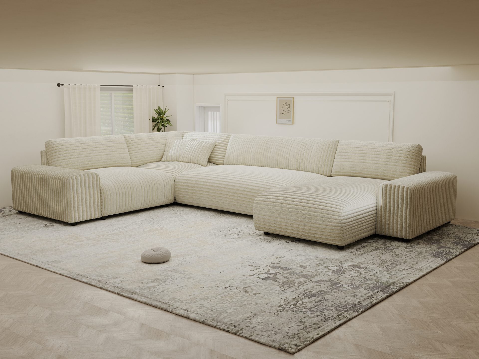 Dumonde kihúzható sarokkanapé tárolórekesszel és kényelmes, nagy sűrűségű habszivacs ülőfelülettel, Justin Tilia bej 374x224 cm