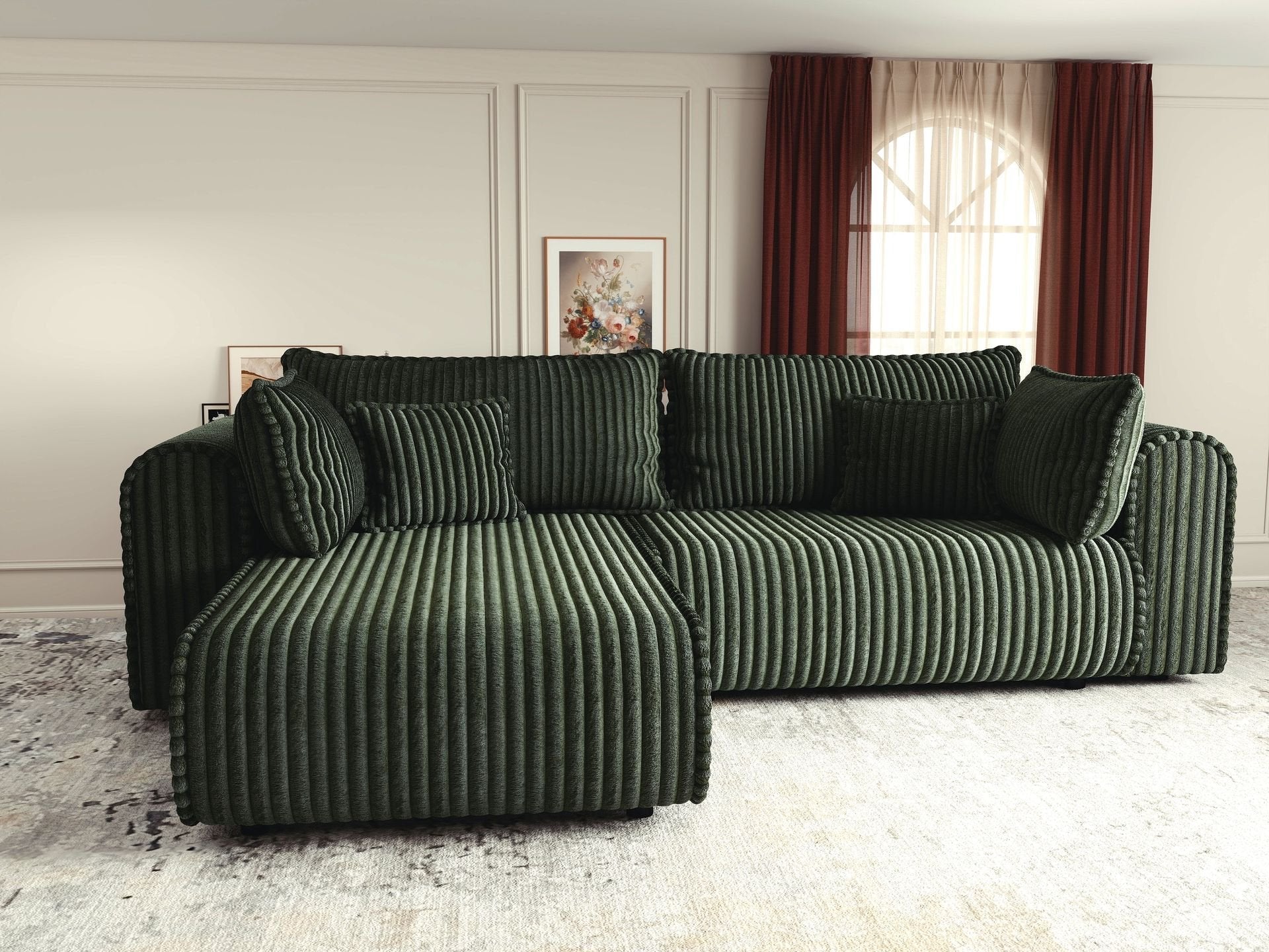 Colțar extensibil dumonde cu ladă de depozitare si sezut confortabil din spuma high-density, Monaco L Tilia Verde 270x100 cm