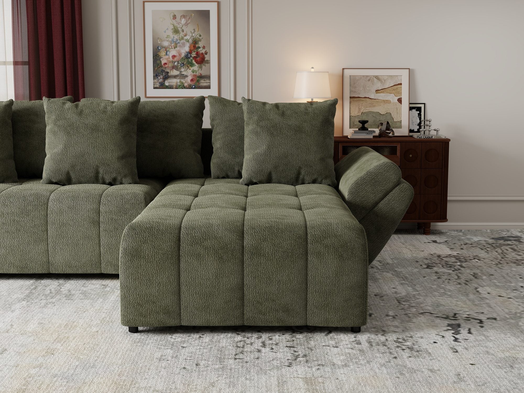Colțar extensibil dumonde cu ladă de depozitare si sezut confortabil din spuma high-density, Berlin Vibe Olive 38 II 280x185 cm