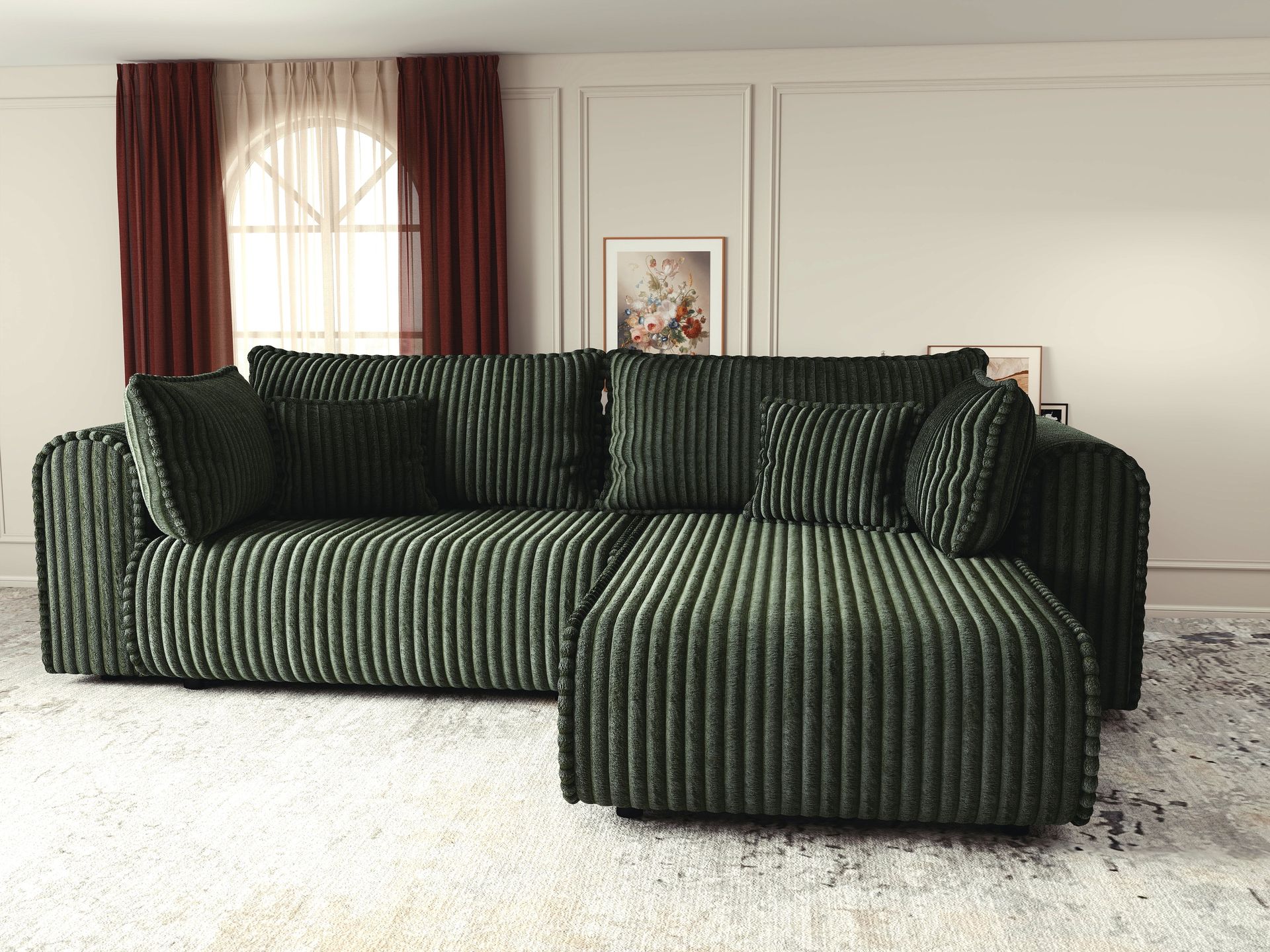 Colțar extensibil dumonde cu ladă de depozitare si sezut confortabil din spuma high-density, Monaco L Tilia Verde II 270x100 cm