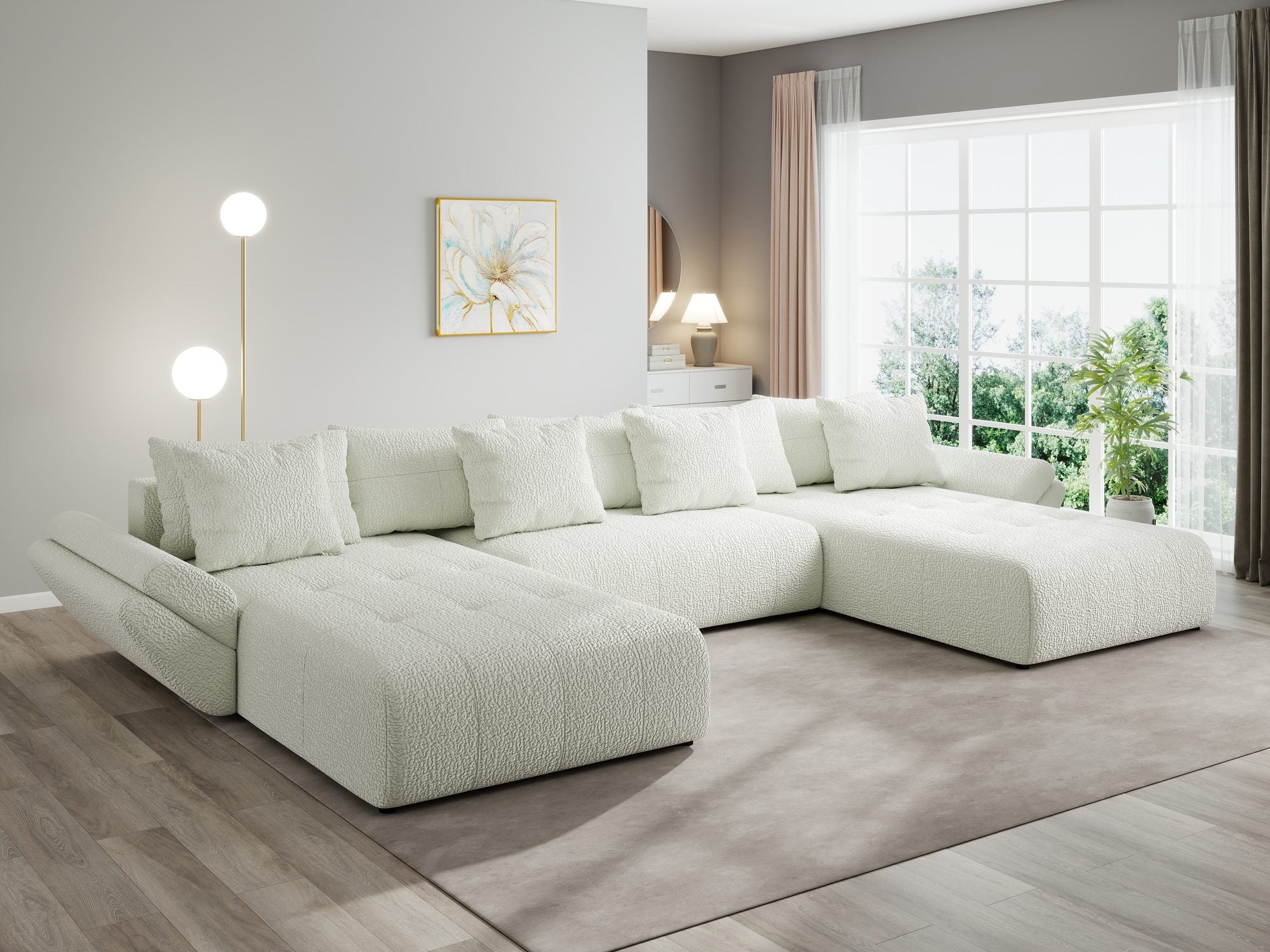 Colțar extensibil dumonde cu ladă de depozitare si sezut confortabil din spuma high-density, Berlin U Jaguar Ivory 1 380x180 cm