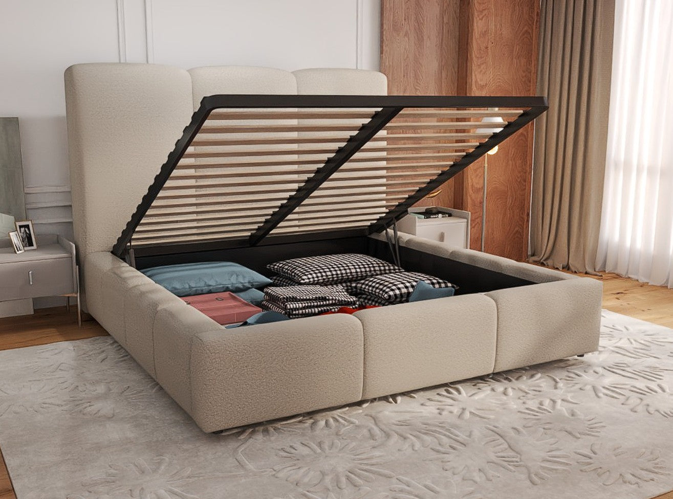 Dumonde hálószoba ágy, szürke kárpitozott, Dinasty 160x200 cm, lehajtható ágyrács és tárolórekesz mellékelve