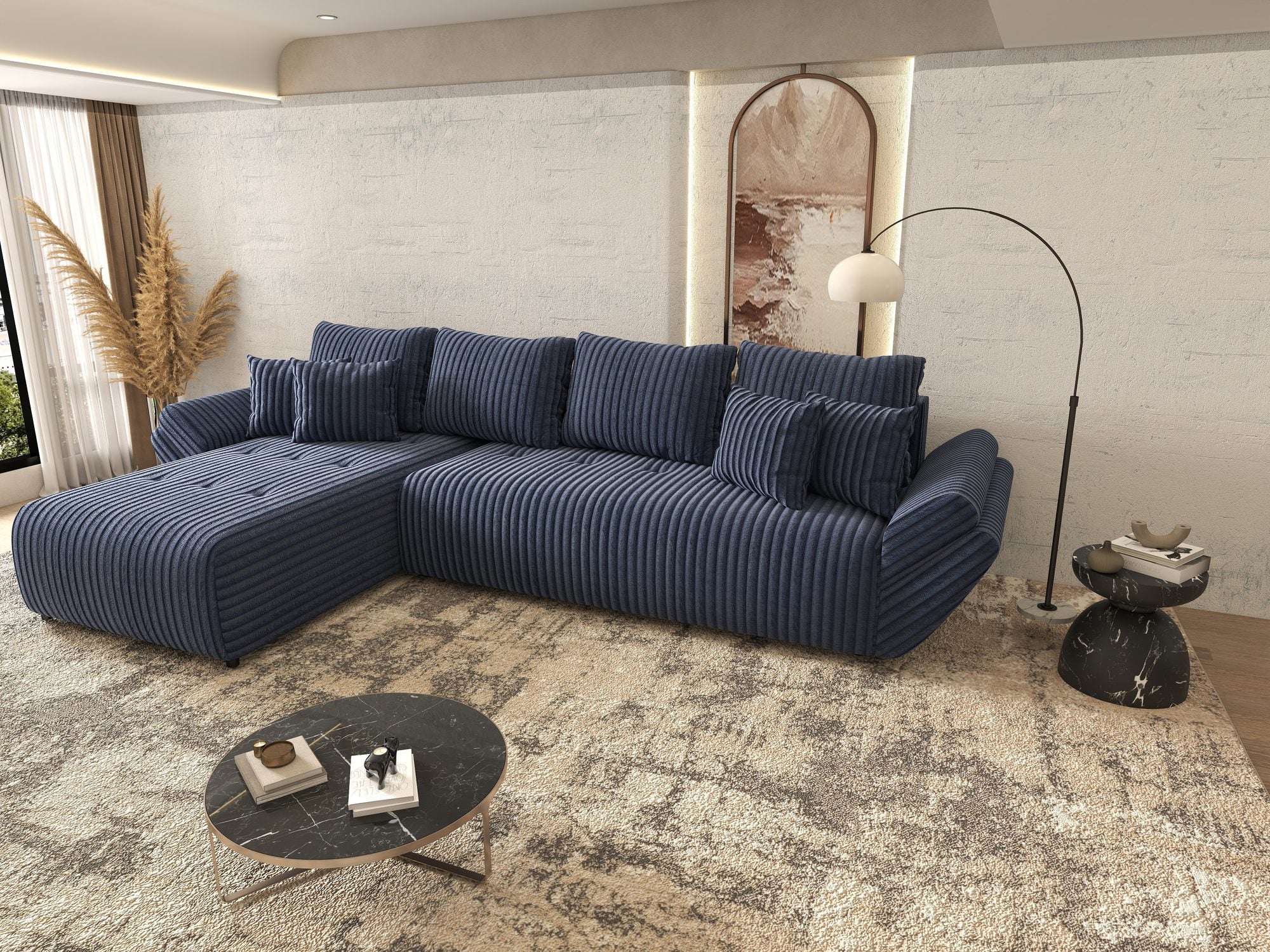 Colțar extensibil dumonde cu ladă de depozitare si sezut confortabil din spuma high-density, Berlin XL Tilia Albastru 77 350x185 cm