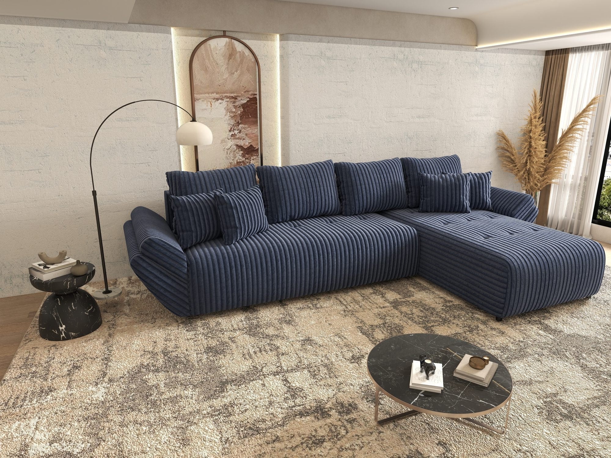 Colțar extensibil dumonde cu ladă de depozitare si sezut confortabil din spuma high-density, Berlin XL Tilia Albastru 77 II 350x185 cm