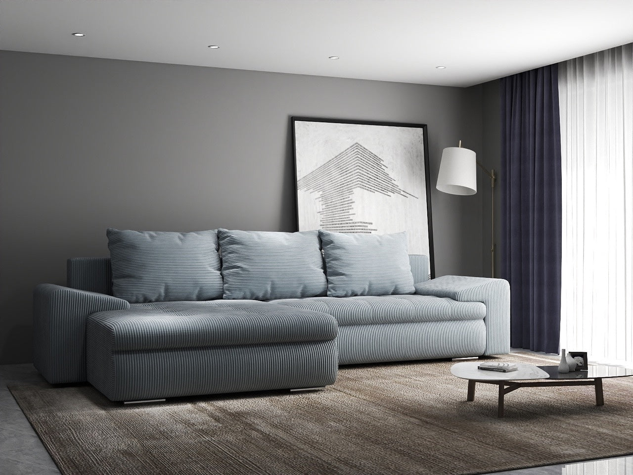 Colțar extensibil dumonde cu ladă de depozitare si sezut confortabil din spuma HR, Leonardo Zoom Grey 260x185 cm Fabrica