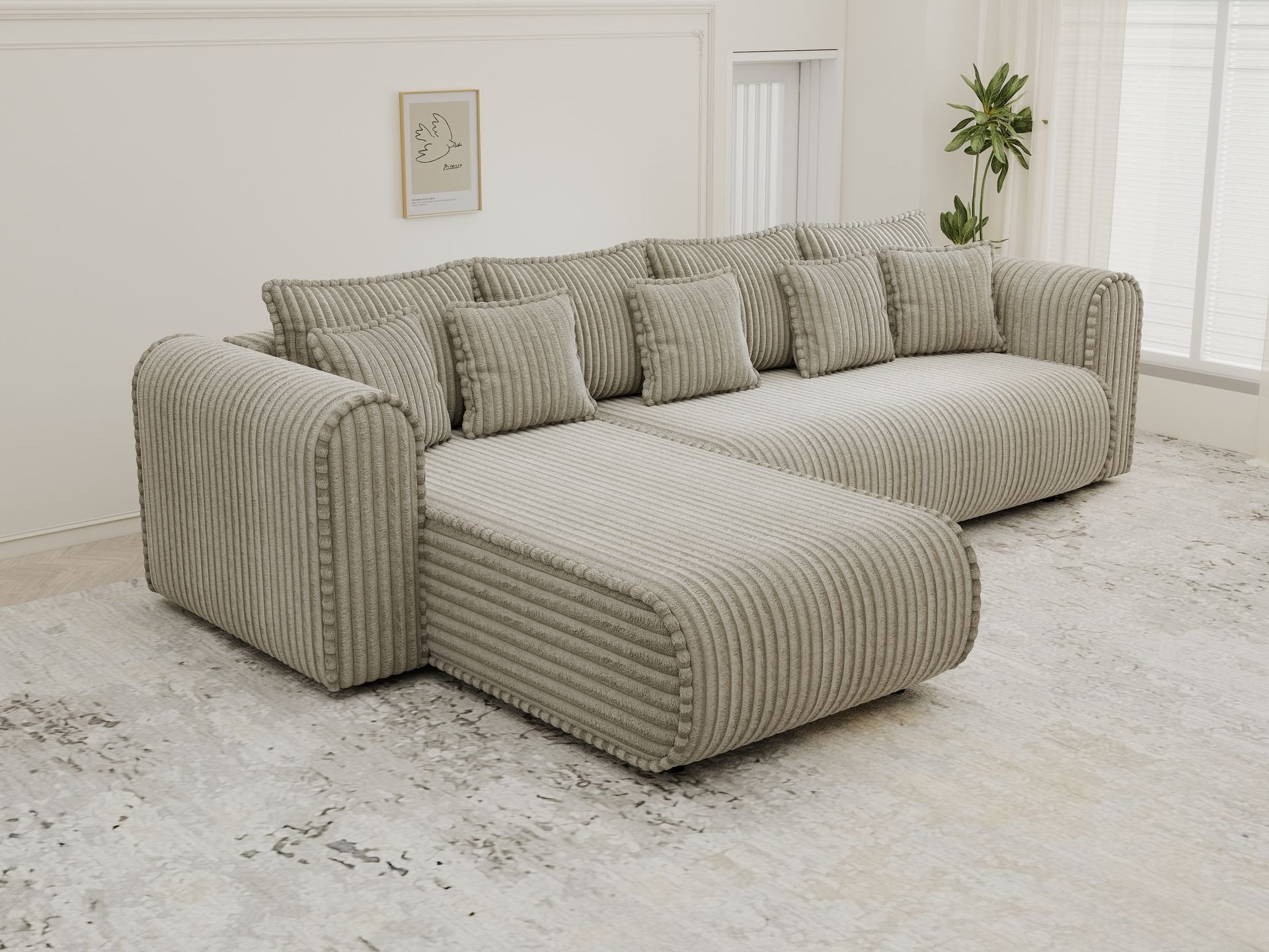 Colțar extensibil dumonde cu ladă de depozitare si sezut confortabil din spuma high-density, Monaco XL Tilia Capucino 340x185 cm