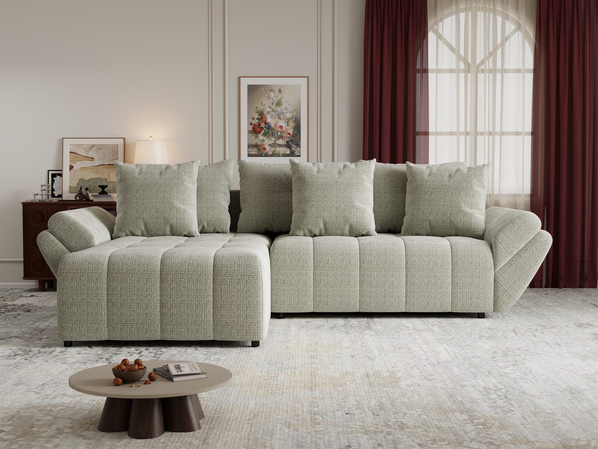 Colțar extensibil dumonde cu ladă de depozitare si sezut confortabil din spuma high-density, Berlin Cremona Bej 04 280x185 cm