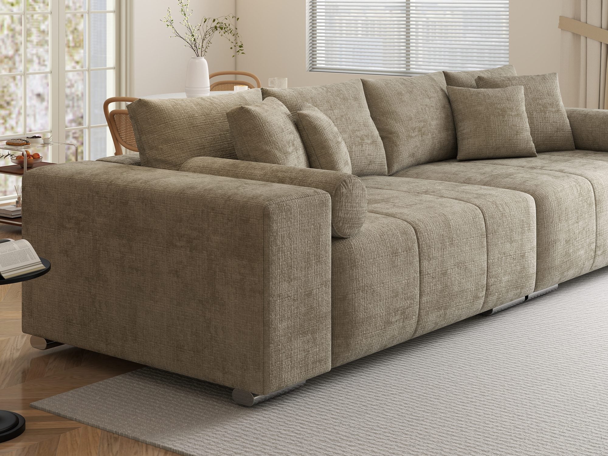 Canapea extensibilă dumonde cu ladă de depozitare si sezut confortabil din spuma high-density, Marbela XXL Cremona Bej 14 290x100 cm