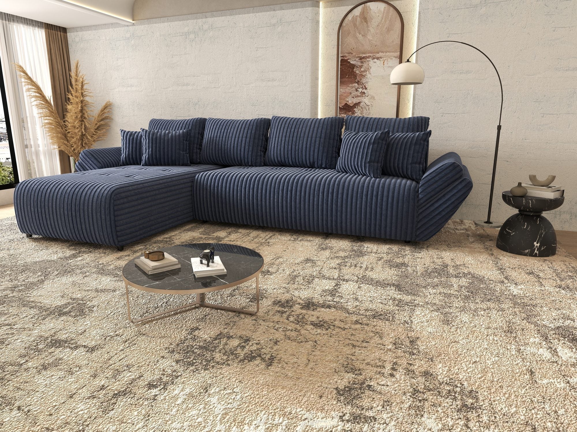Colțar extensibil dumonde cu ladă de depozitare si sezut confortabil din spuma high-density, Berlin XL Tilia Albastru 77 350x185 cm