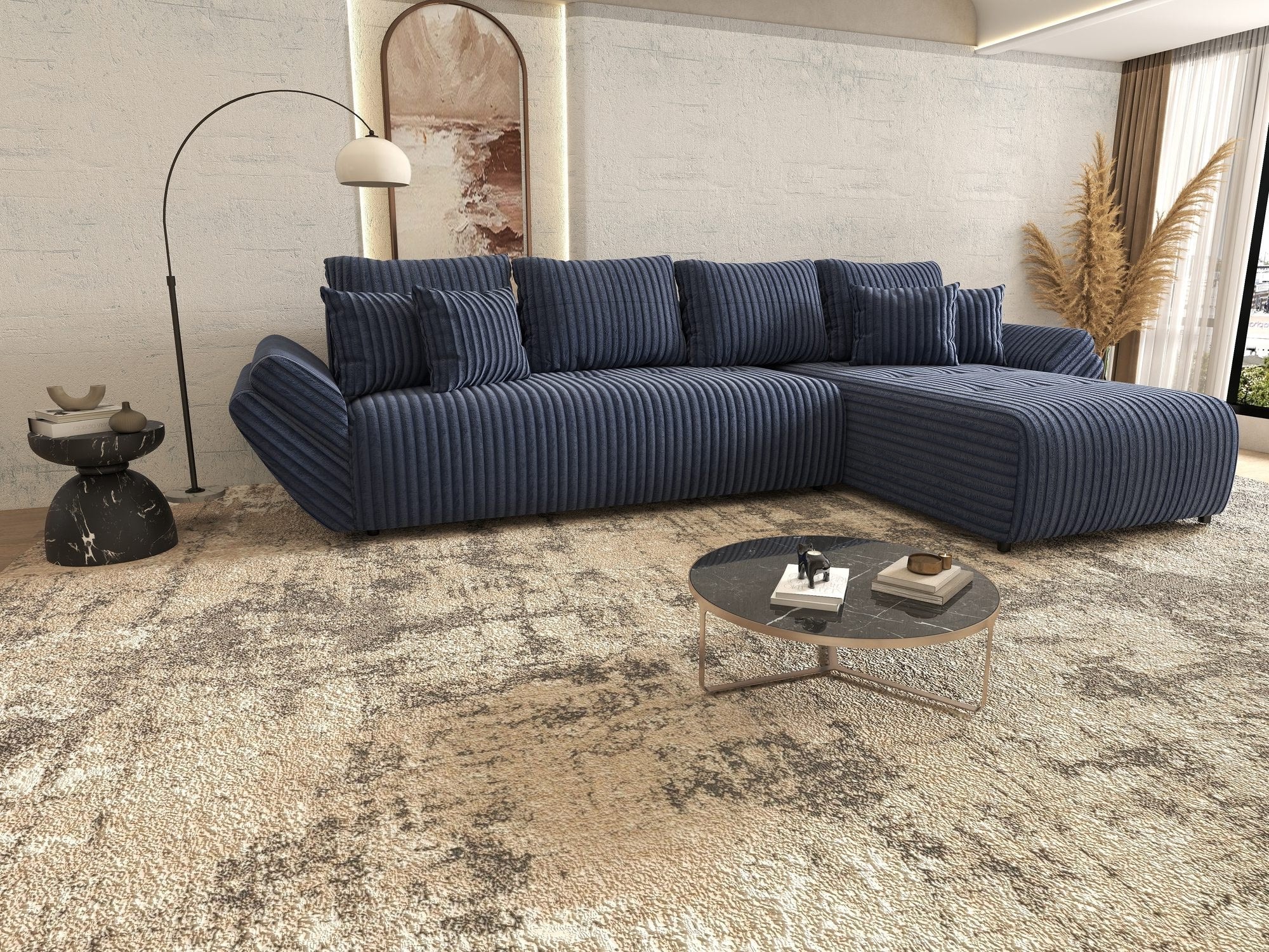 Colțar extensibil dumonde cu ladă de depozitare si sezut confortabil din spuma high-density, Berlin XL Tilia Albastru 77 II 350x185 cm