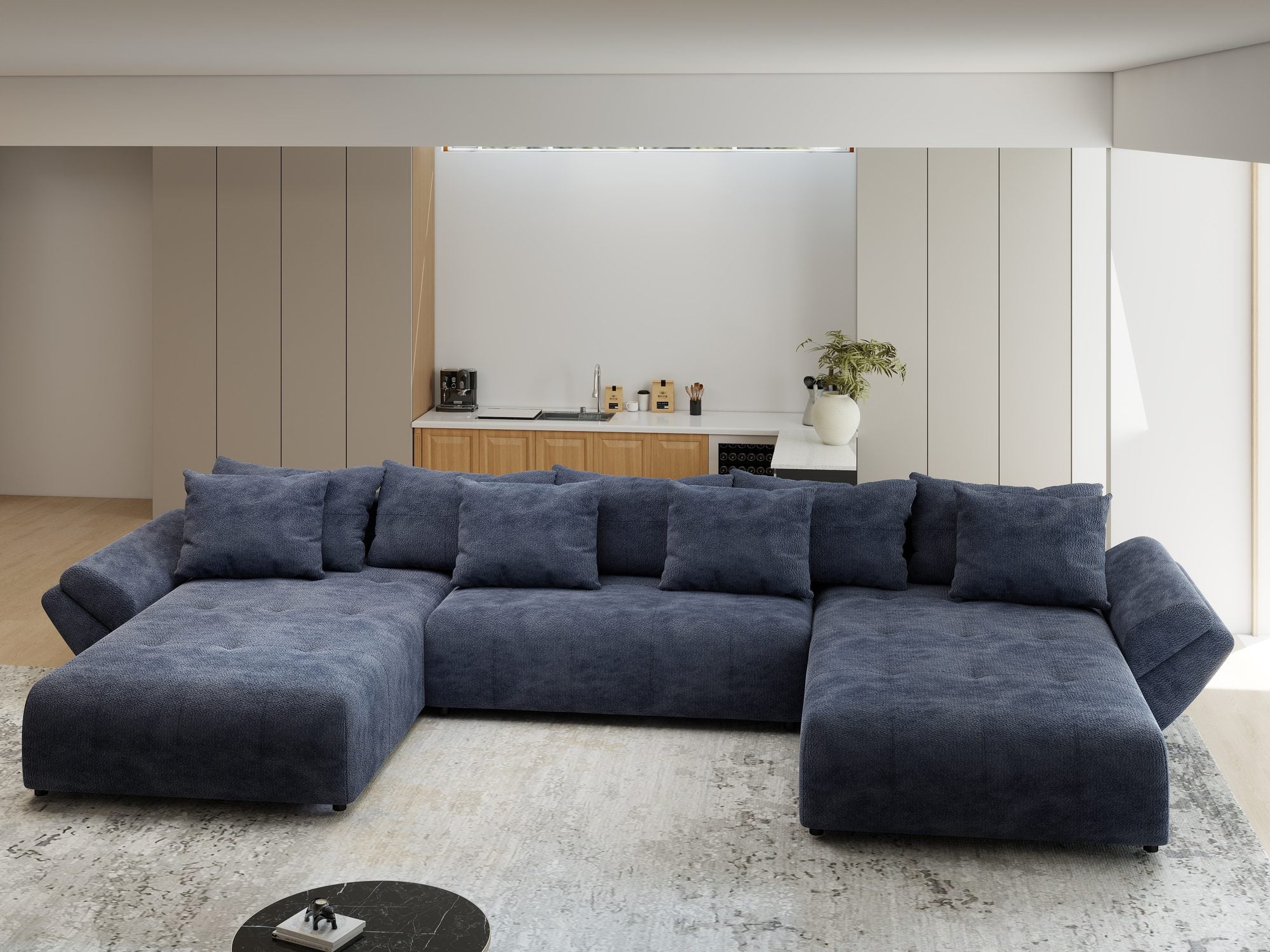 Colțar extensibil dumonde cu ladă de depozitare si sezut confortabil din spuma high-density, Berlin U Vibe Albastru 79 380x180 cm