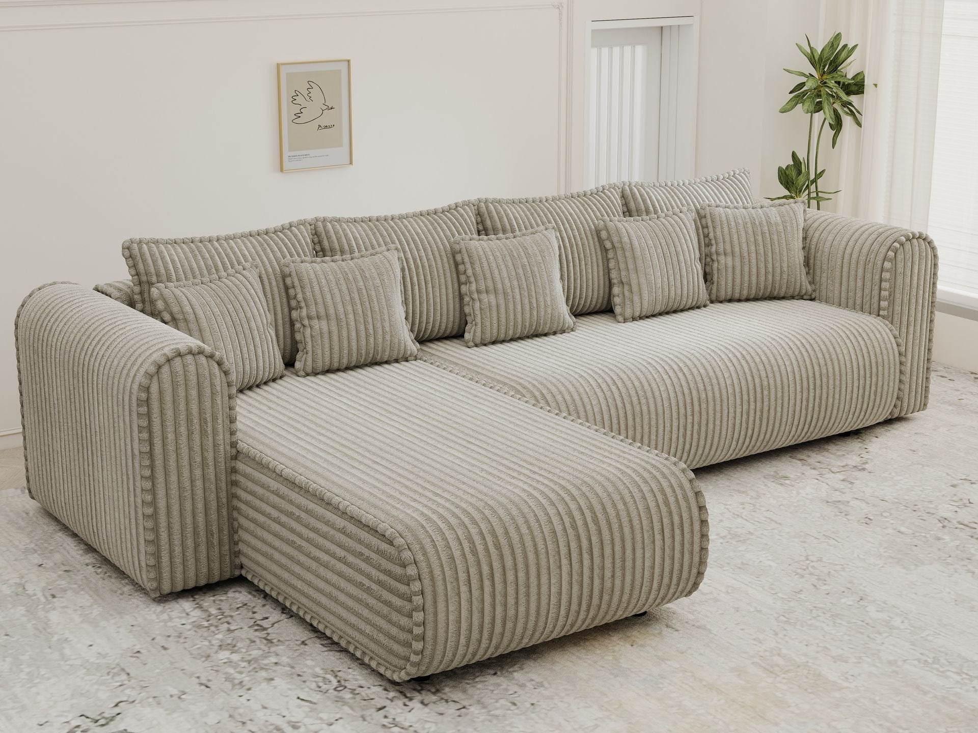 Colțar extensibil dumonde cu ladă de depozitare si sezut confortabil din spuma high-density, Monaco XL Tilia Capucino 340x185 cm