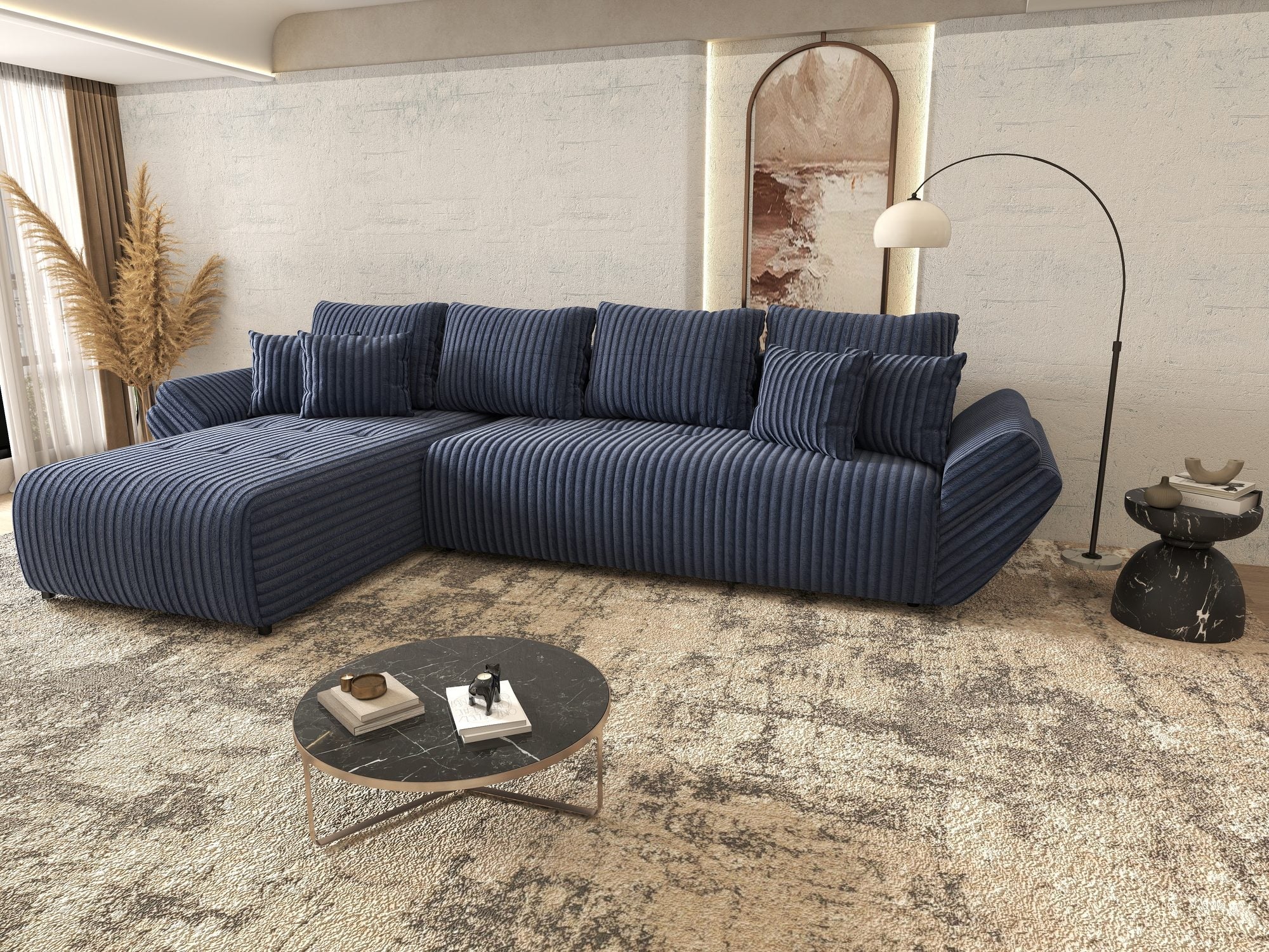 Colțar extensibil dumonde cu ladă de depozitare si sezut confortabil din spuma high-density, Berlin XL Tilia Albastru 77 350x185 cm