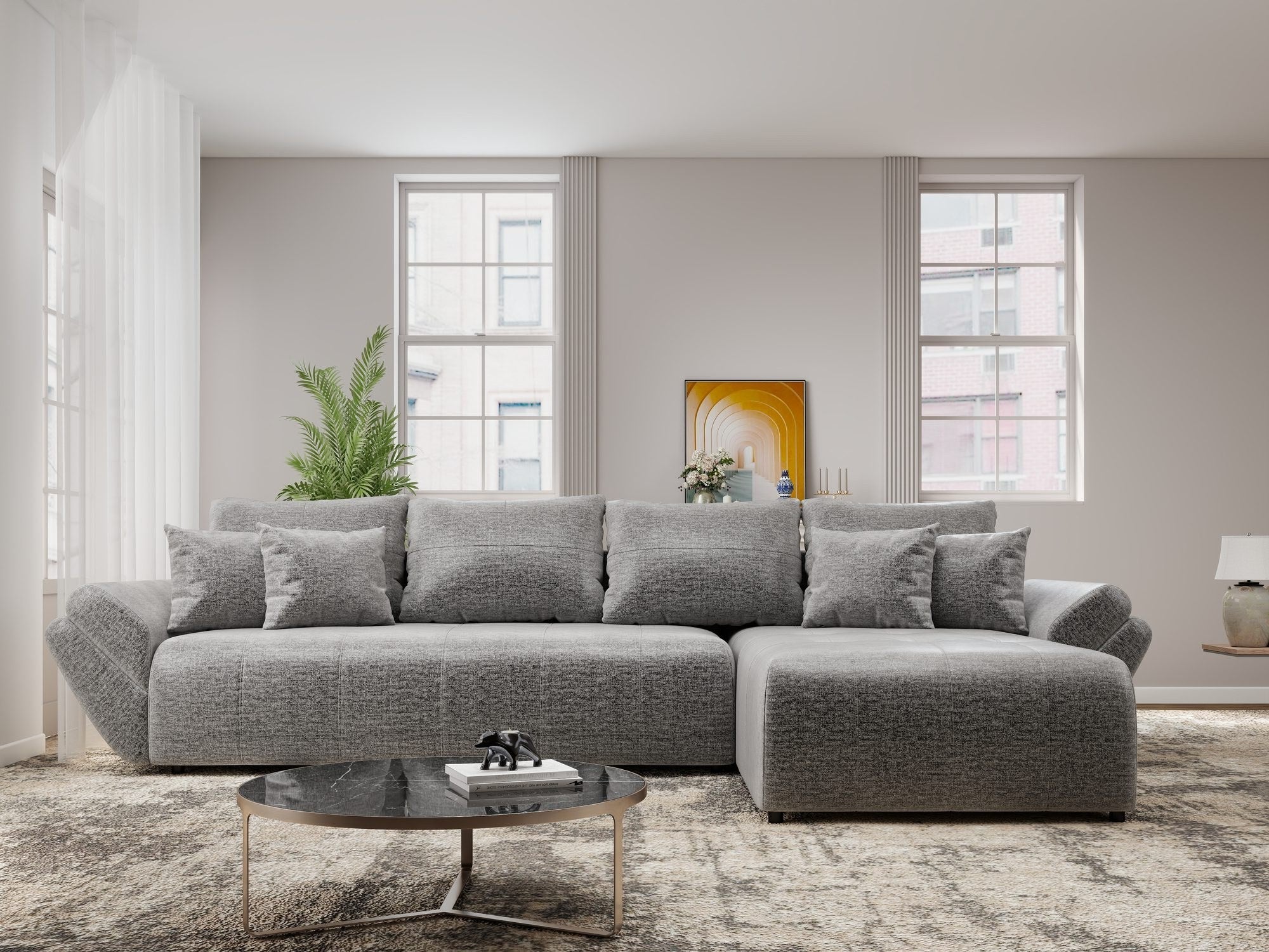 Colțar extensibil dumonde cu ladă de depozitare si sezut confortabil din spuma high-density, Berlin XL Monolith Gri 85 II 350x185 cm