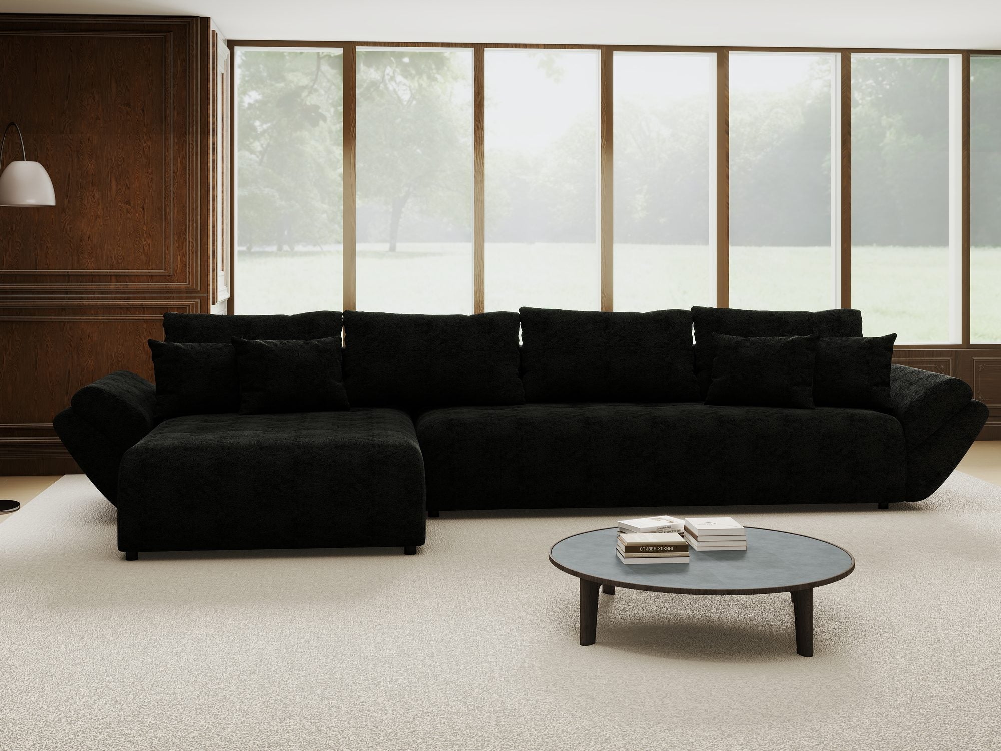 Colțar extensibil dumonde cu ladă de depozitare si sezut confortabil din spuma high-density, Berlin XL Quelle Negru 100 350x185 cm