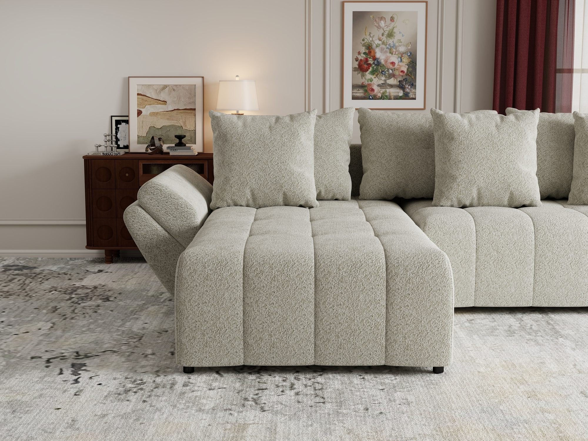Colțar extensibil dumonde cu ladă de depozitare si sezut confortabil din spuma high-density, Berlin Arena Bej 20 280x185 cm
