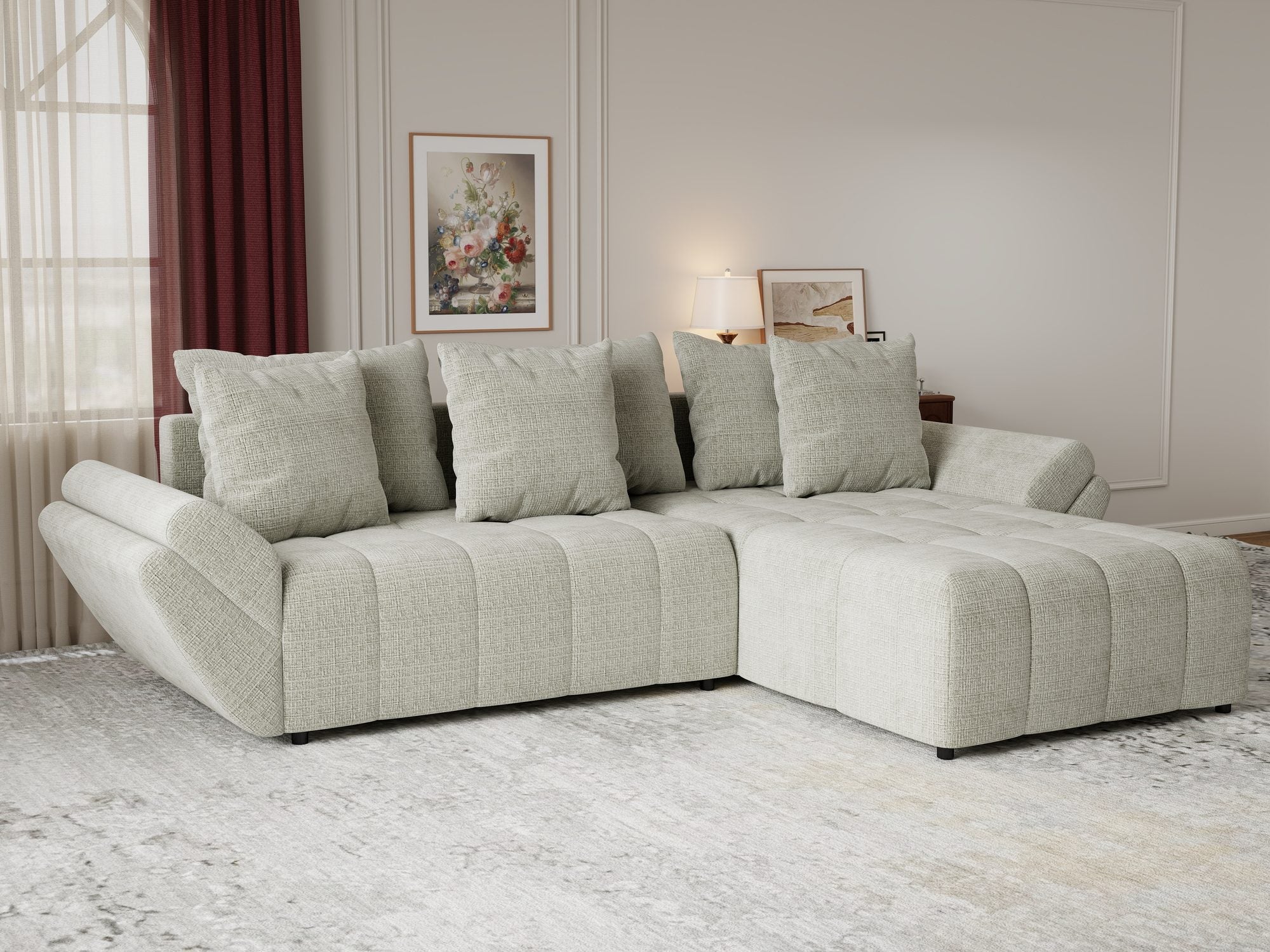 Colțar extensibil dumonde cu ladă de depozitare si sezut confortabil din spuma high-density, Berlin Cremona Bej 04 II 280x185 cm