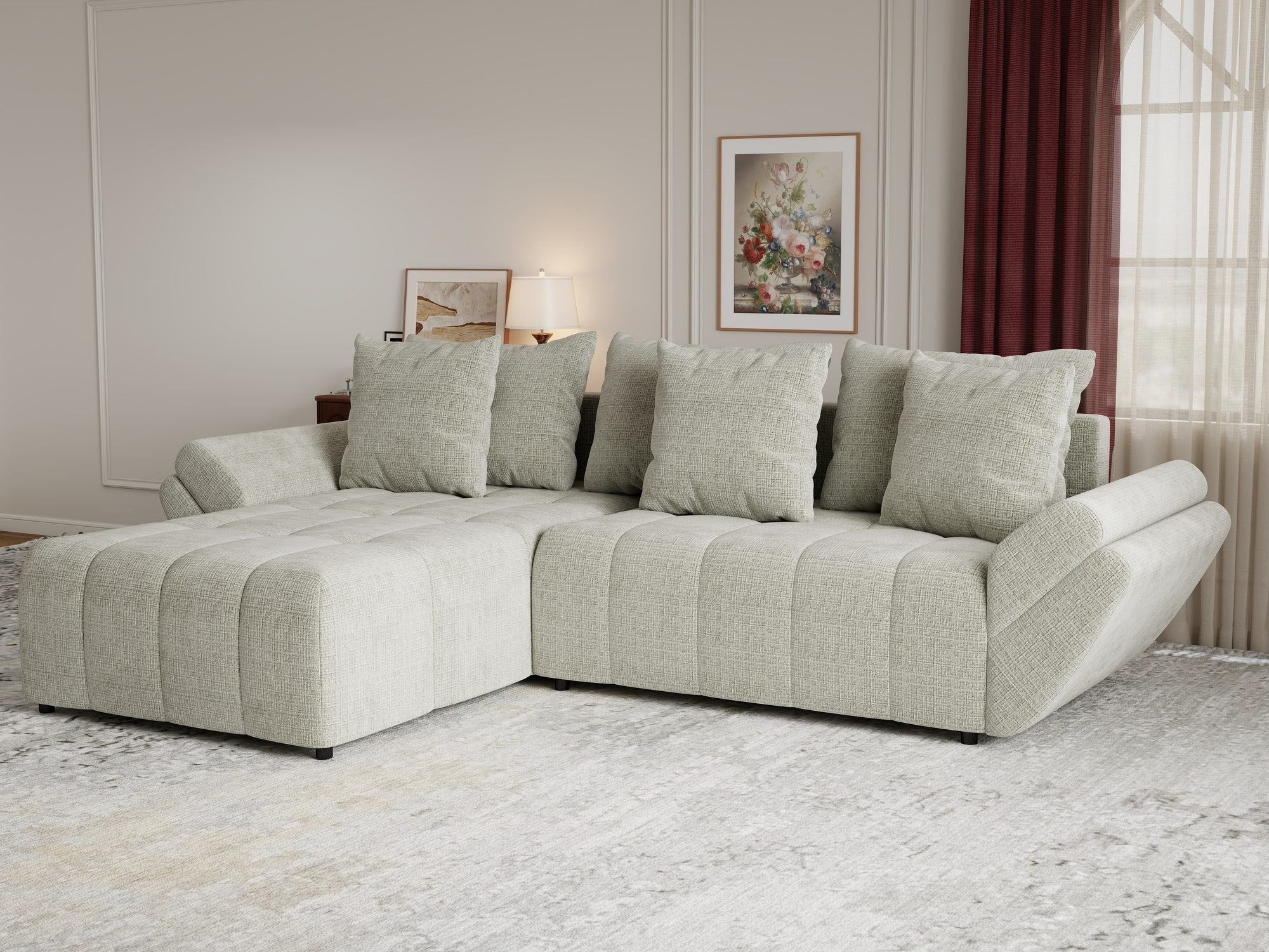 Colțar extensibil dumonde cu ladă de depozitare si sezut confortabil din spuma high-density, Berlin Cremona Bej 04 280x185 cm