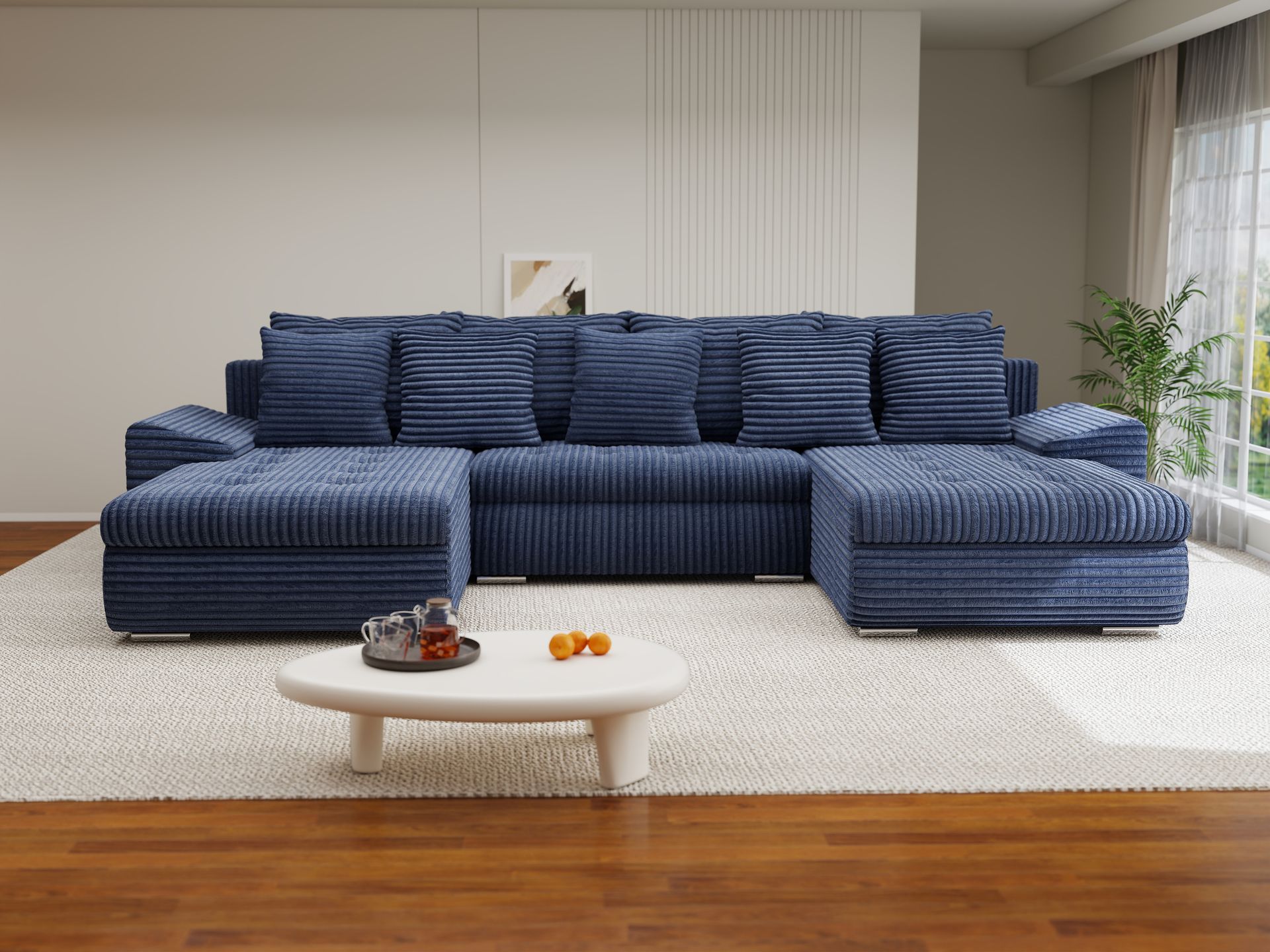 Colțar extensibil dumonde cu ladă de depozitare si sezut confortabil din spuma high-density, Leonardo U Tilia Albastru 77 360x185 cm