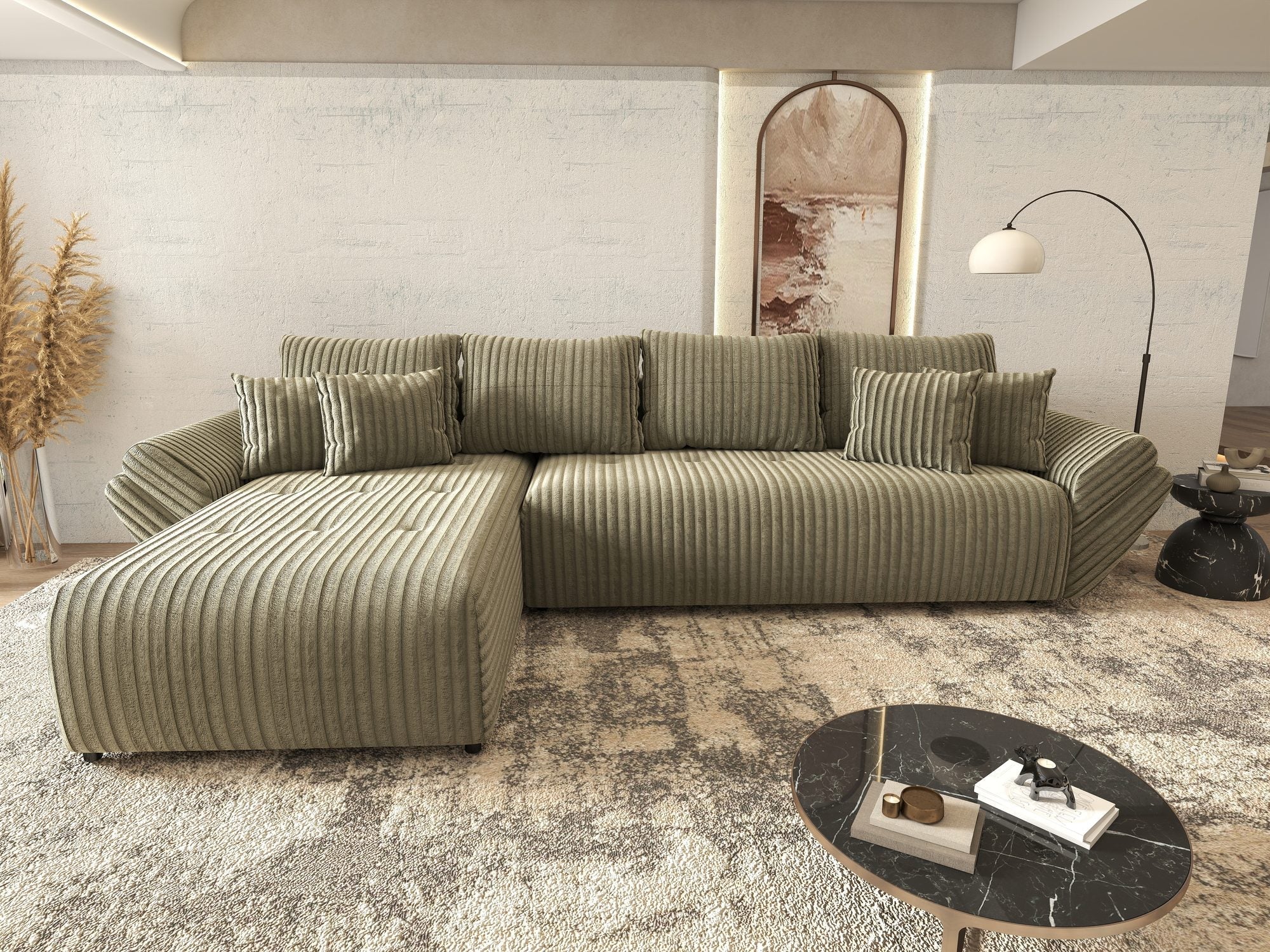 Colțar extensibil dumonde cu ladă de depozitare si sezut confortabil din spuma high-density, Berlin XL Tilia Verde Olive 37 350x185 cm