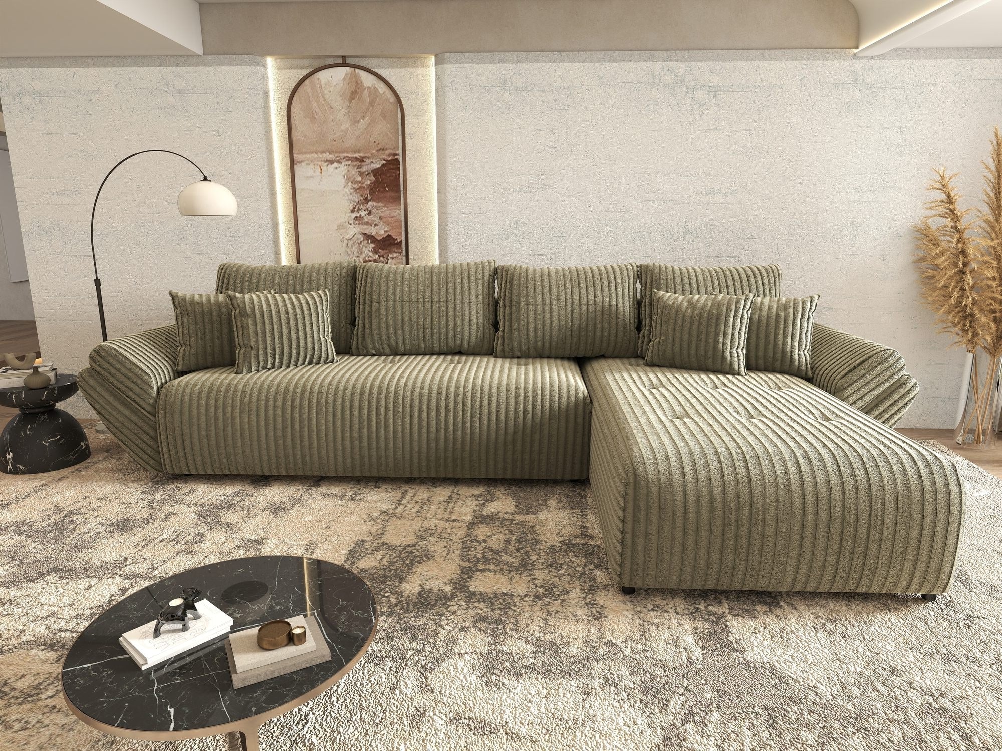 Colțar extensibil dumonde cu ladă de depozitare si sezut confortabil din spuma high-density, Berlin XL Tilia Verde Olive 37 II 350x185 cm