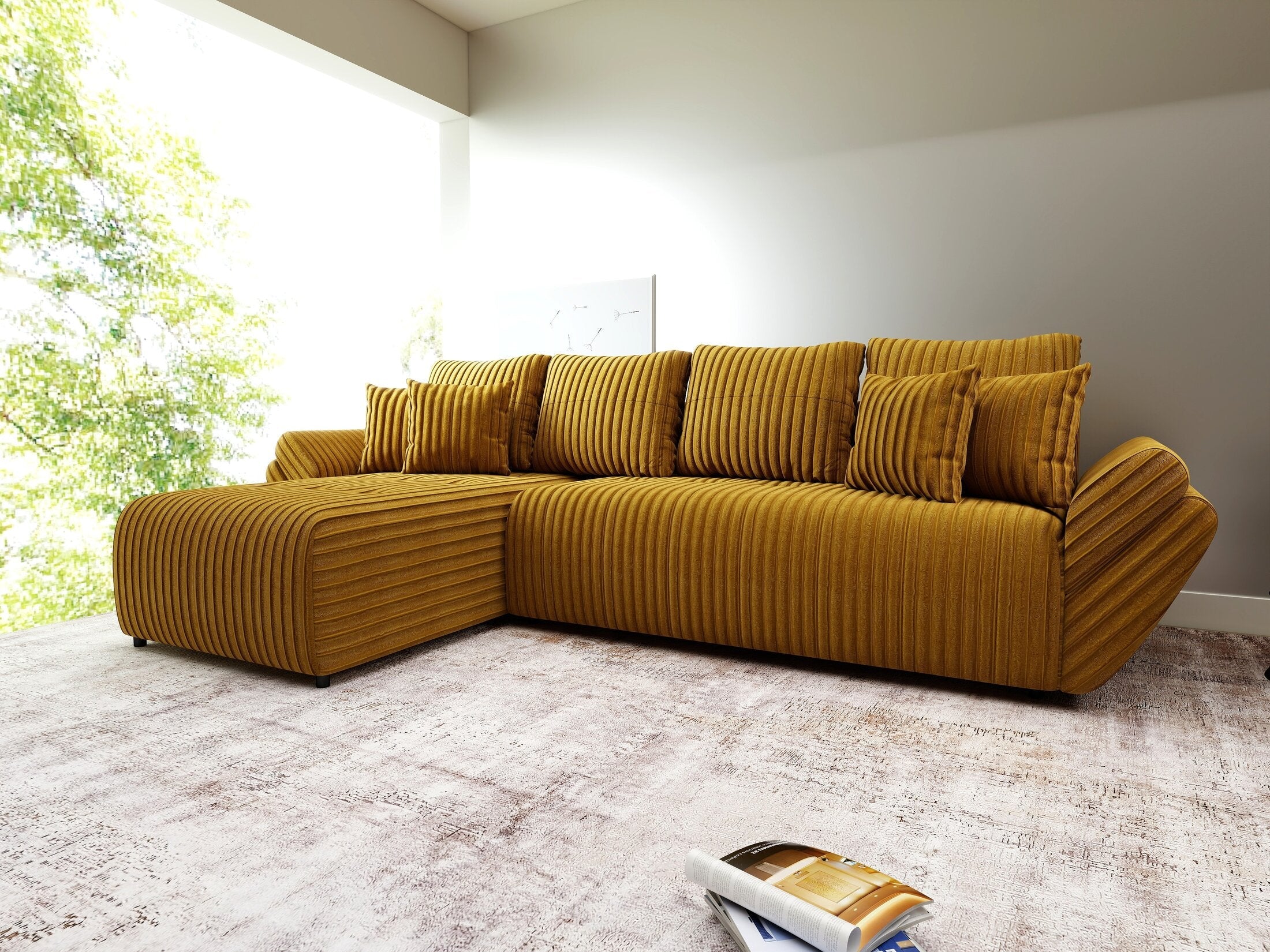 Colțar extensibil dumonde cu ladă de depozitare si sezut confortabil din spuma high-density, Berlin XL Ambience Mustar 350x185 cm