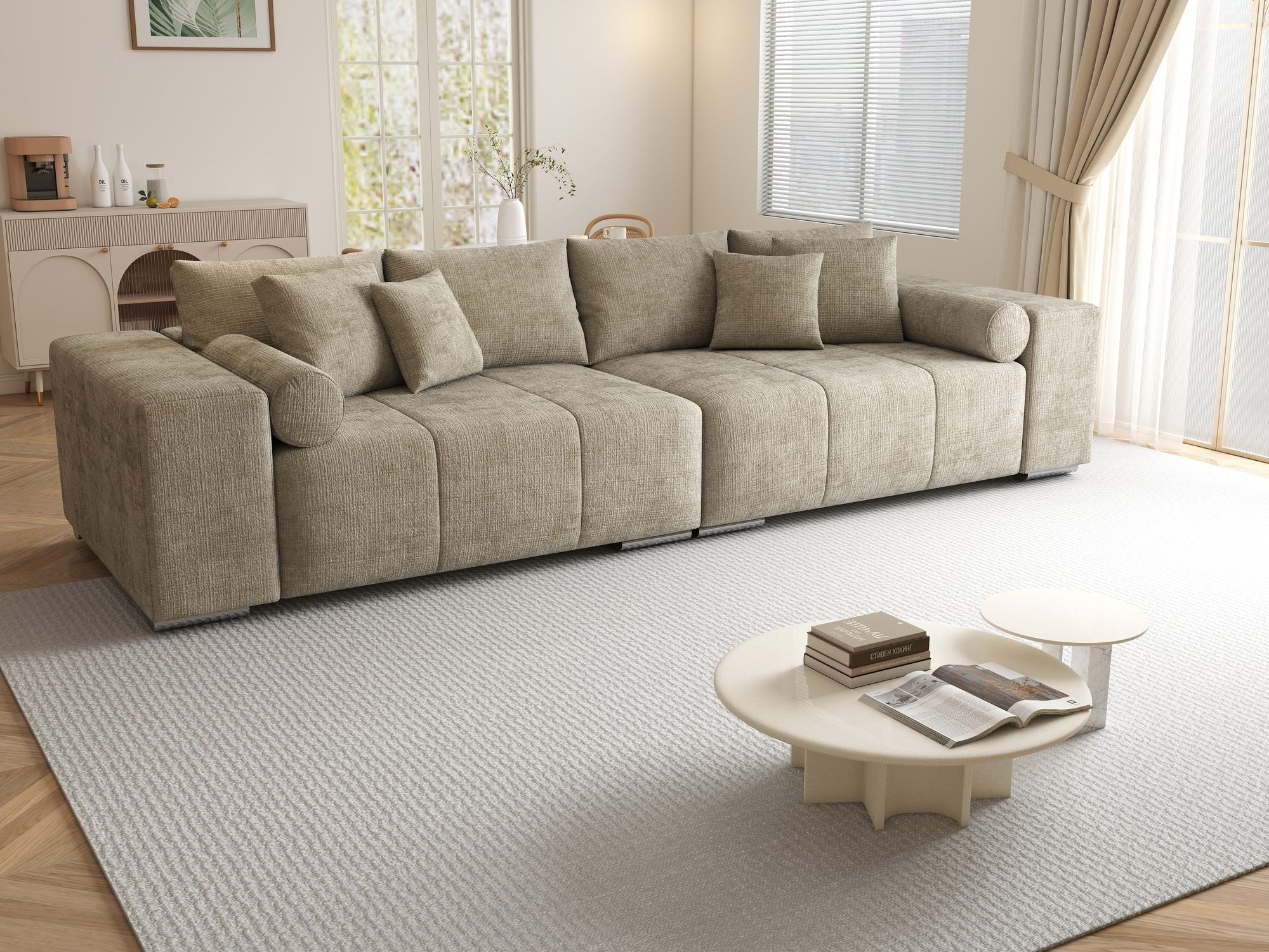 Canapea extensibilă dumonde cu ladă de depozitare si sezut confortabil din spuma high-density, Marbela XXL Cremona Bej 14 290x100 cm