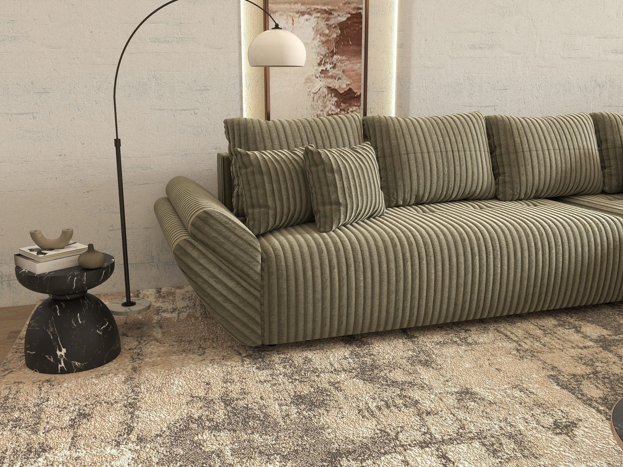 Colțar extensibil dumonde cu ladă de depozitare si sezut confortabil din spuma high-density, Berlin XL Tilia Verde Olive 37 II 350x185 cm
