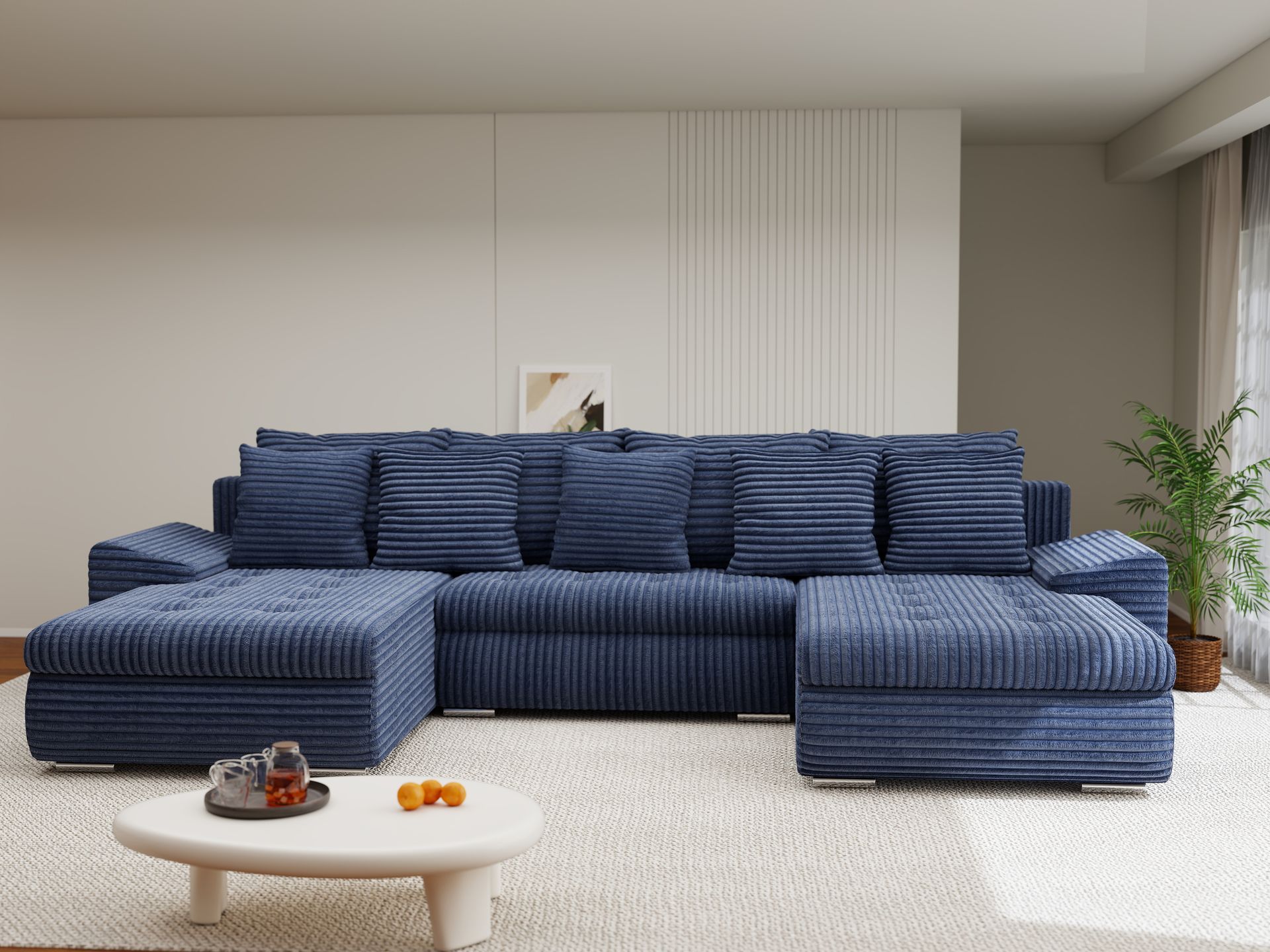 Colțar extensibil dumonde cu ladă de depozitare si sezut confortabil din spuma high-density, Leonardo U Tilia Albastru 77 360x185 cm